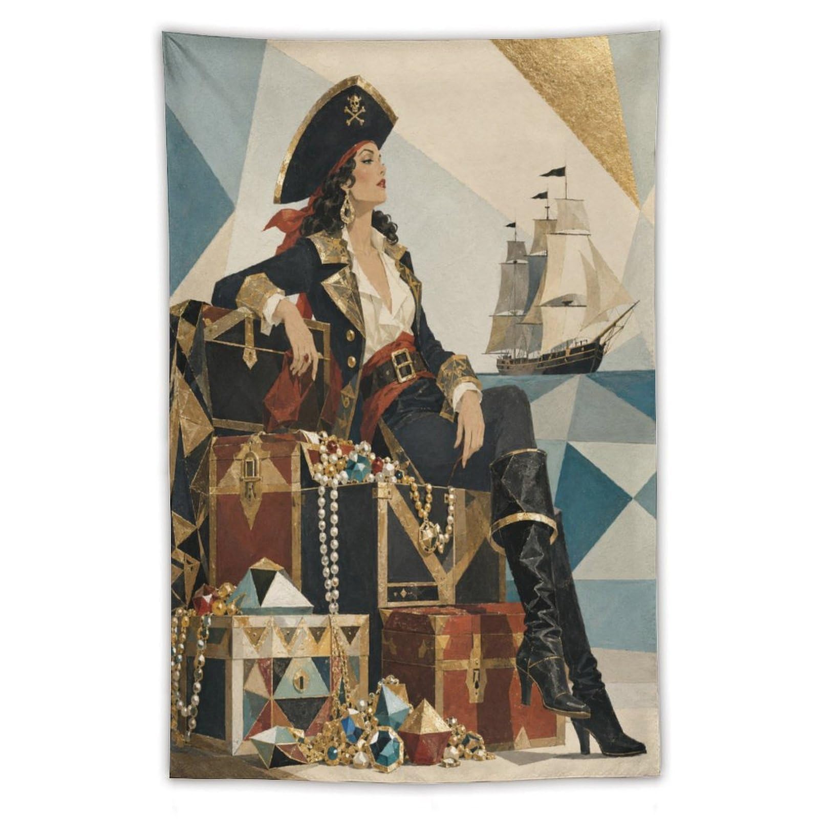 H3B8U2Y5 Pirate Queen on Treasure Chest Wall Tapestry, Geometric Art