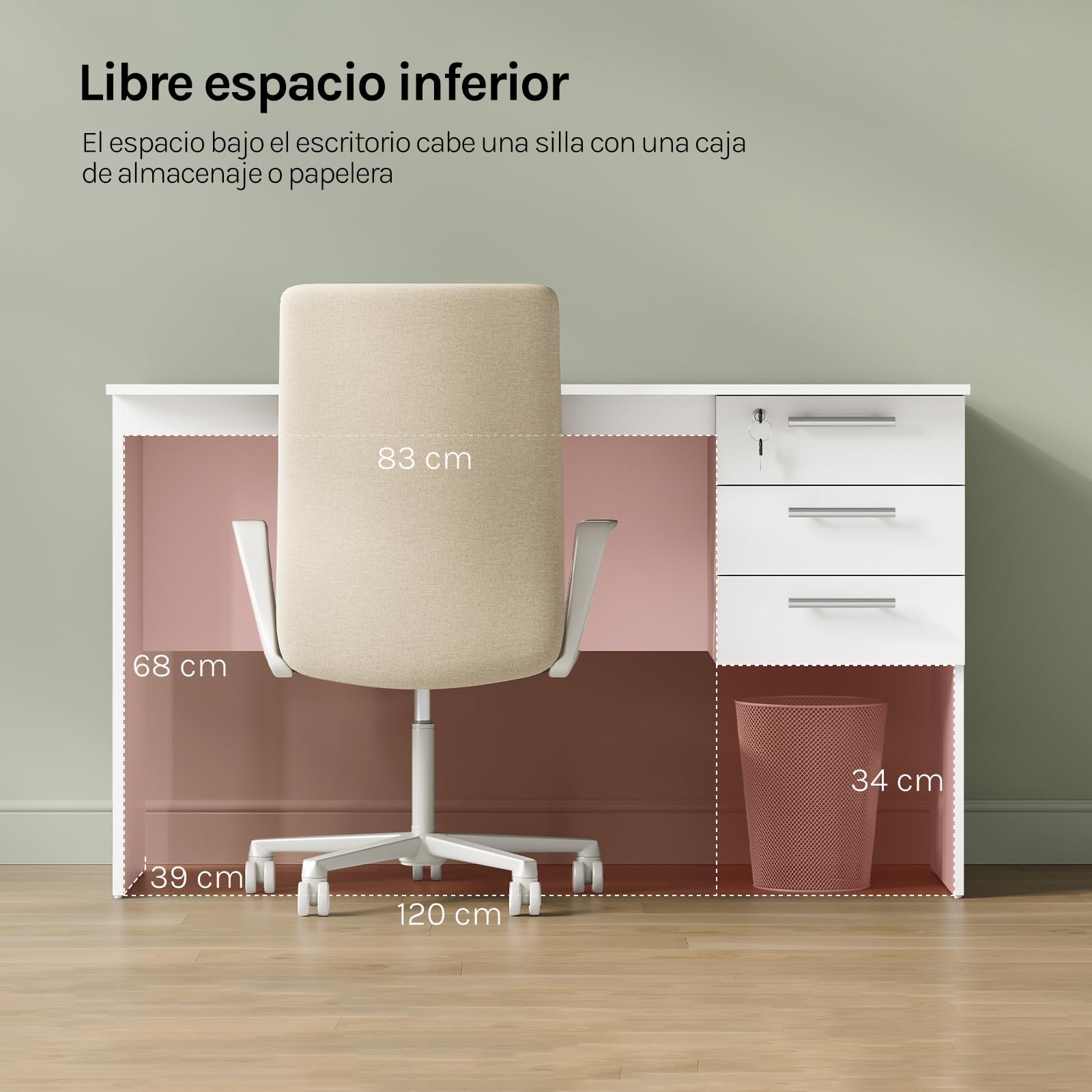 WOLTU Mesa de Ordenador, Escritorio de Trabajo con 3 Cajones, 120x60x75 cm, Mesa Escritorio para Oficina Dormitorio Despacho y Estudio, Blanco