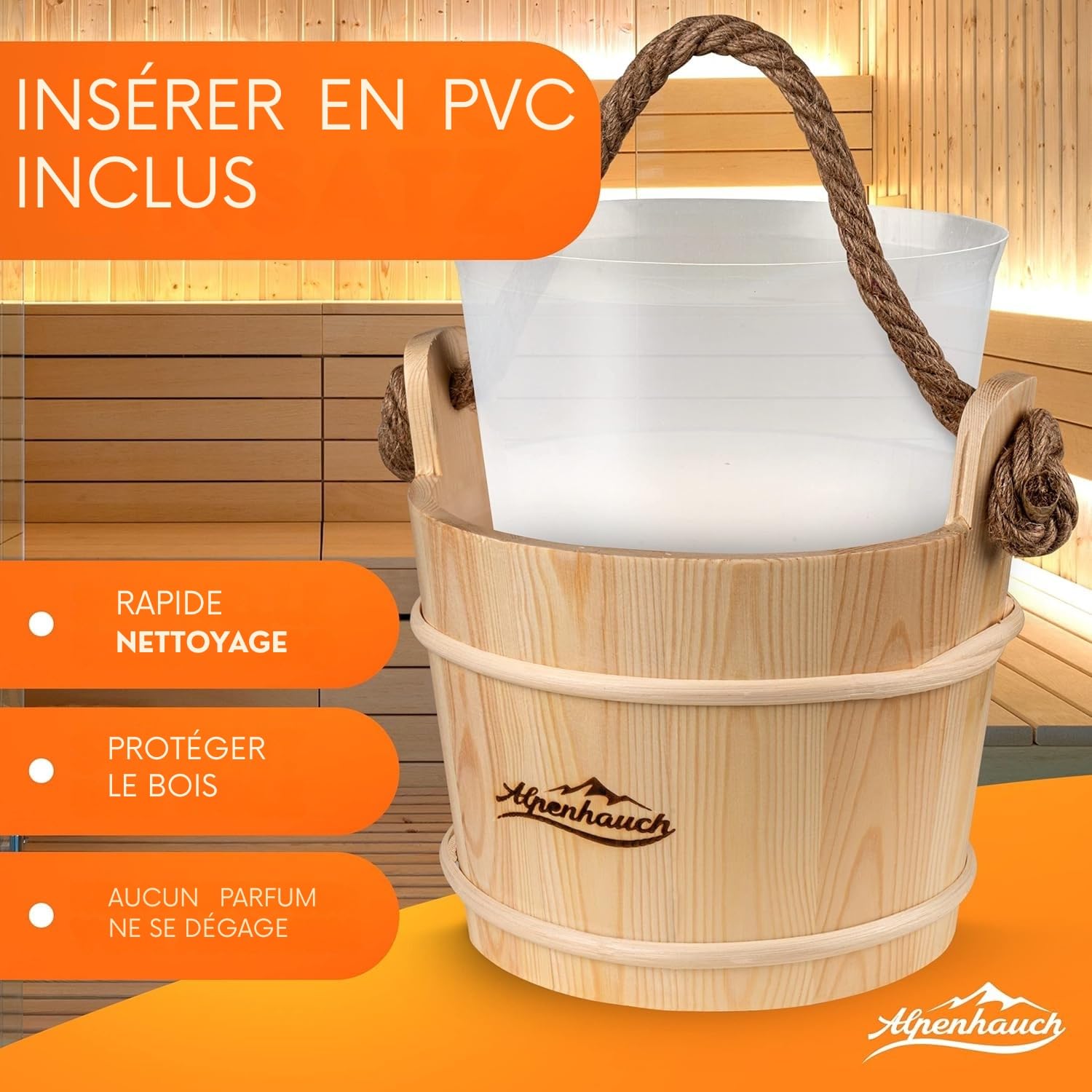 ALPENHAUCH Seau de sauna avec truelle [100% bois naturel] – Seau de sauna élégant avec truelle – Accessoires de sauna durables – Ensemble seau à infusion
