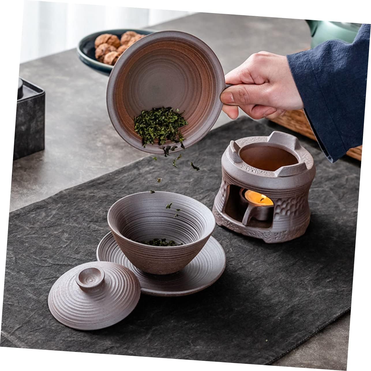 TIDTALEO Ceramic Tea Warmer Candle Holder Retro Teapot Heating Base for Household Use High-Temperature Resistant Tea Tray