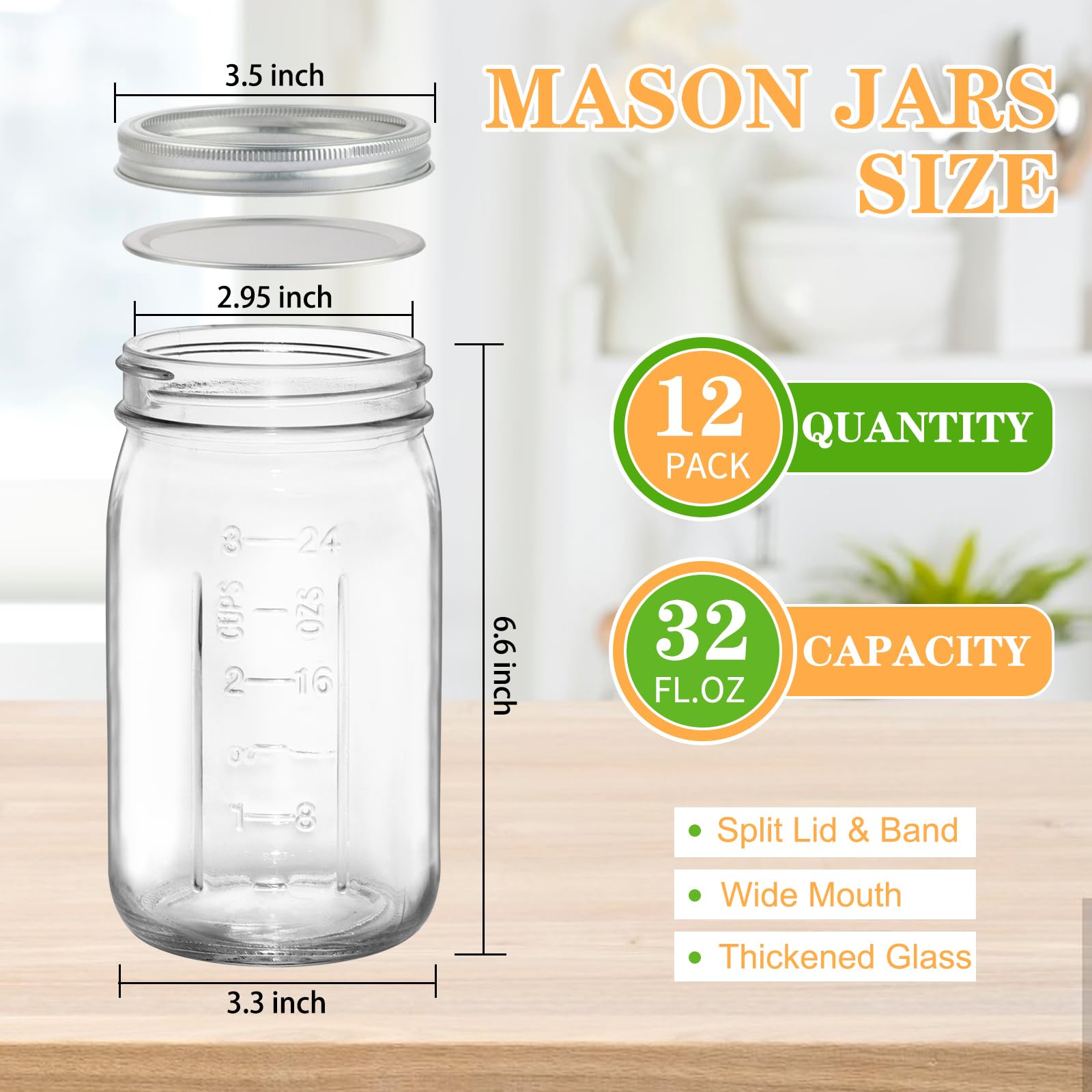 Amazon｜HWASHIN 12個パック 32オンス 広口メイソンジャー 密閉蓋と