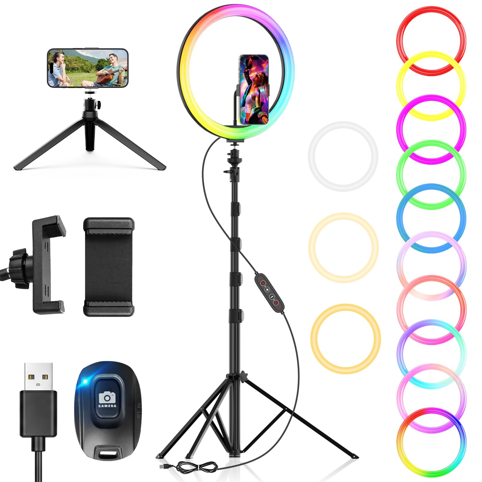 PEYOU Lampa pierścieniowa do selfie 30,5 cm ze statywem i uchwytem na telefon, wysokość 186 cm, lampa pierścieniowa na biurko, 48 kolorów RGB, ulepszona 3 w 1, ściemniana, regulowana prędkość
