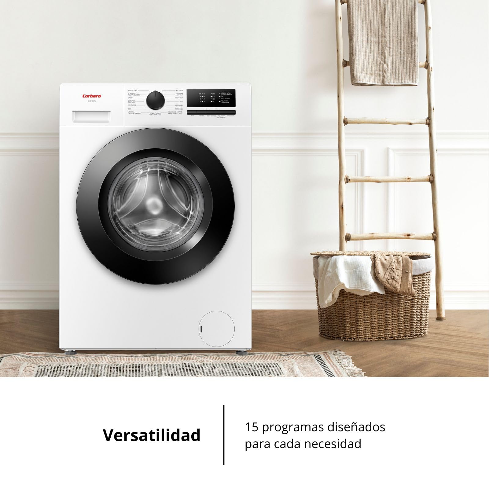 Corberó – Lavadora Carga Frontal Plus 6kg | CLH6105MN | 1000 RPM | Motor Inverter | 15 Programas | Lavado Rápido 15 Min | Inicio Diferido | Función Antialérgica | Color Blanco — view 4