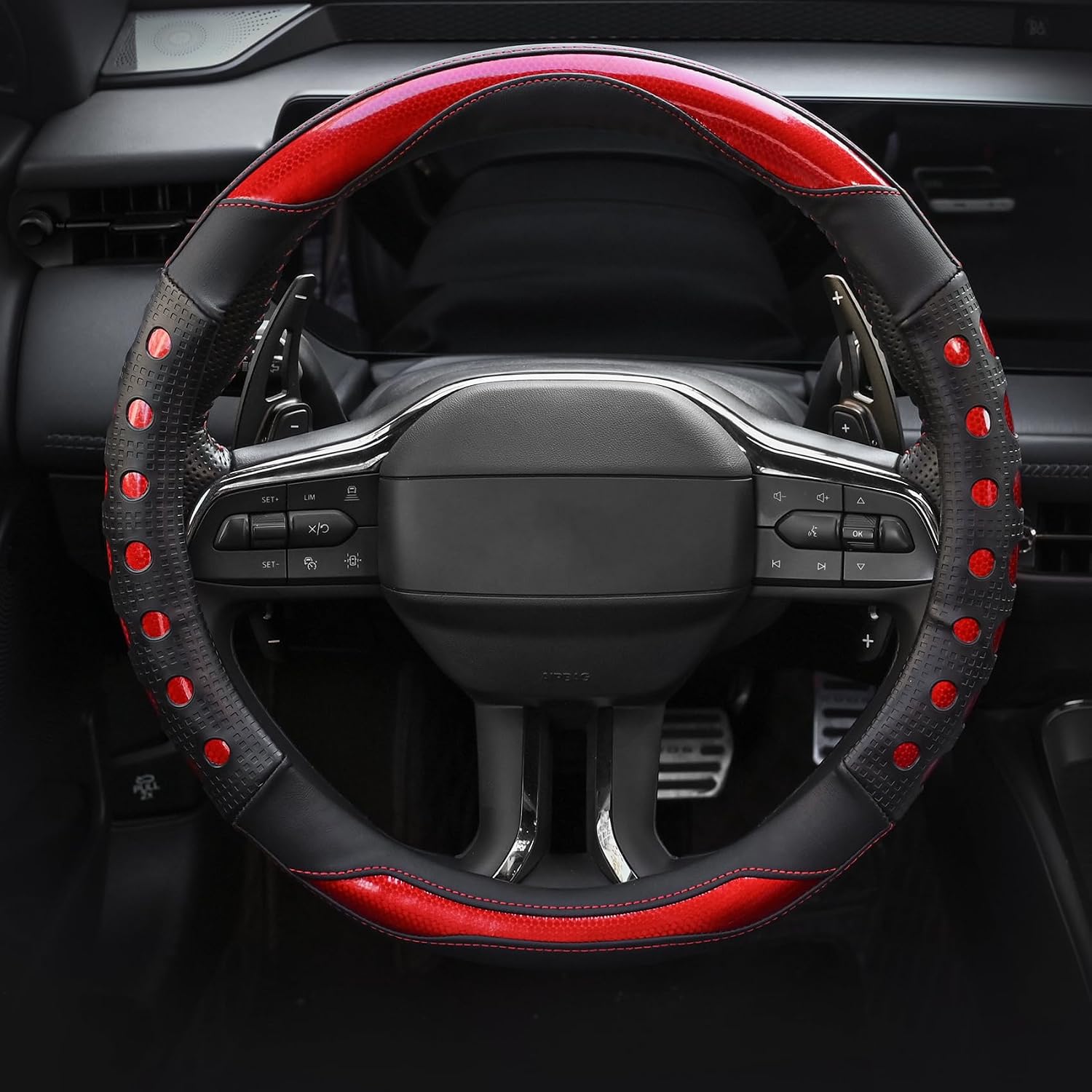 Valleycomfy PU Leather Steering Wheel Cover for Women and Men,Anti-Slip Finish Universal 14.5-15 Inch for Medium Size Auto Car,Red