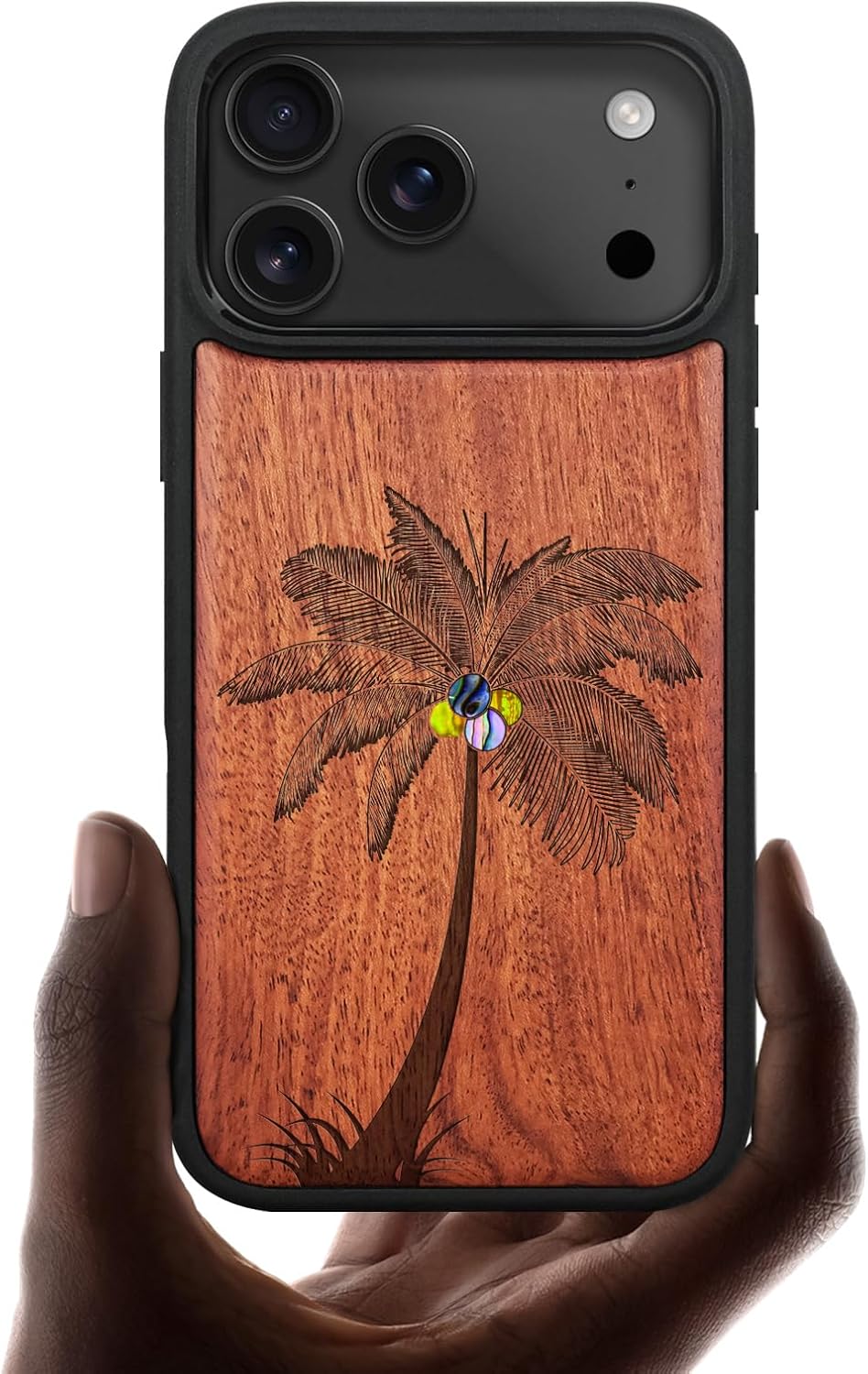 Carveit Magnetic Case for iPhone 17 Pro Case, Wood Artisan Engraved & Handmade Shell Inlaid, TPU Shockproof Cover, Compatible with MagSafe Wireless Chargers (The Palm Tree-Rosy)