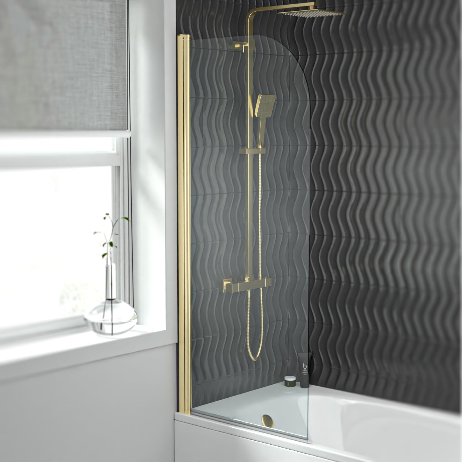 Nes Home Hinged 600 x 1400mm Bathtub Screen, 5mm Tempered Glass - Brushed Brass