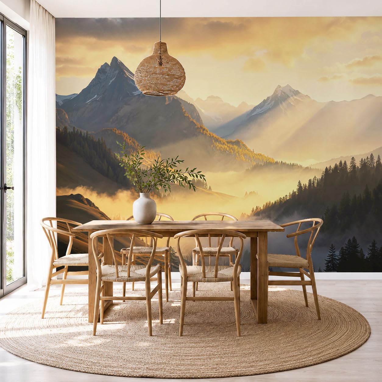 Papier peint brume matinale de montagne panoramique pour agrandir une pièce