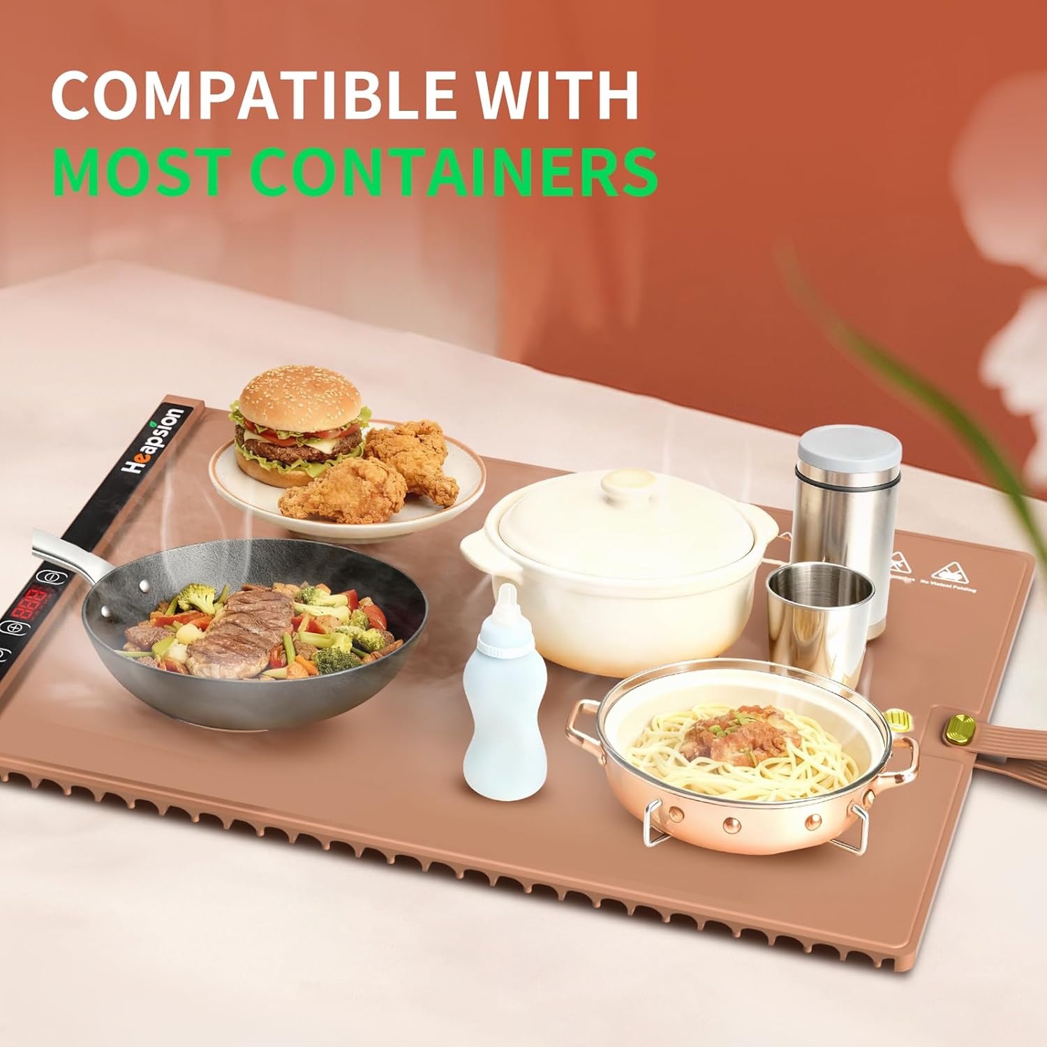 Heapsion Food Warming Mat, Electric Plate with 6 Level Temp 5 Hour Timer, 24x15'' Roll-Up Portable Warming Tray for Dinner Parties, Gatherings, and Holidays（Brown）