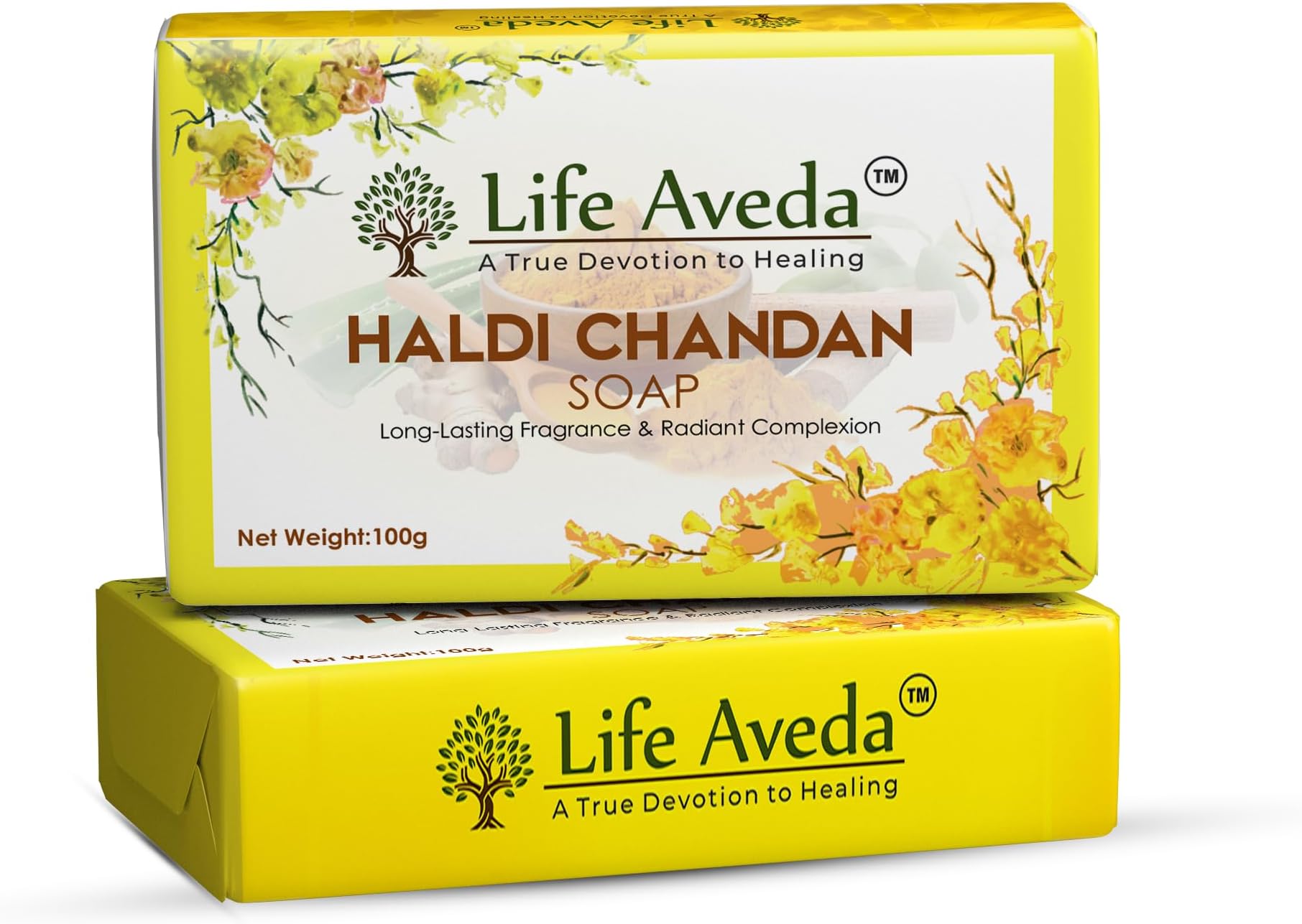 Life Aveda Haldi Chandan Soap | Turmeric & Sandalwood Extract for Radiant Skin | Aloe Vera & Glycerin for Hydration | Reduces Aging Signs & Even Skin Tone - 100g