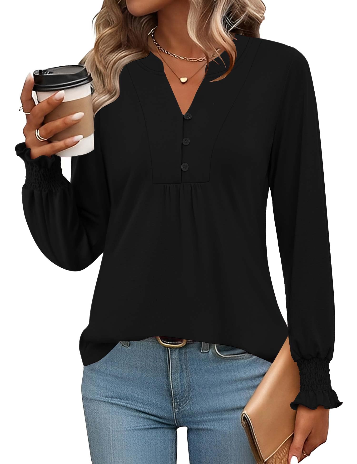 Rapbin Bluse Damen V-Ausschnitt Knopfleiste T-Shirt Tunika Kurzarm Top Sommer Oberteile Elegant Casual