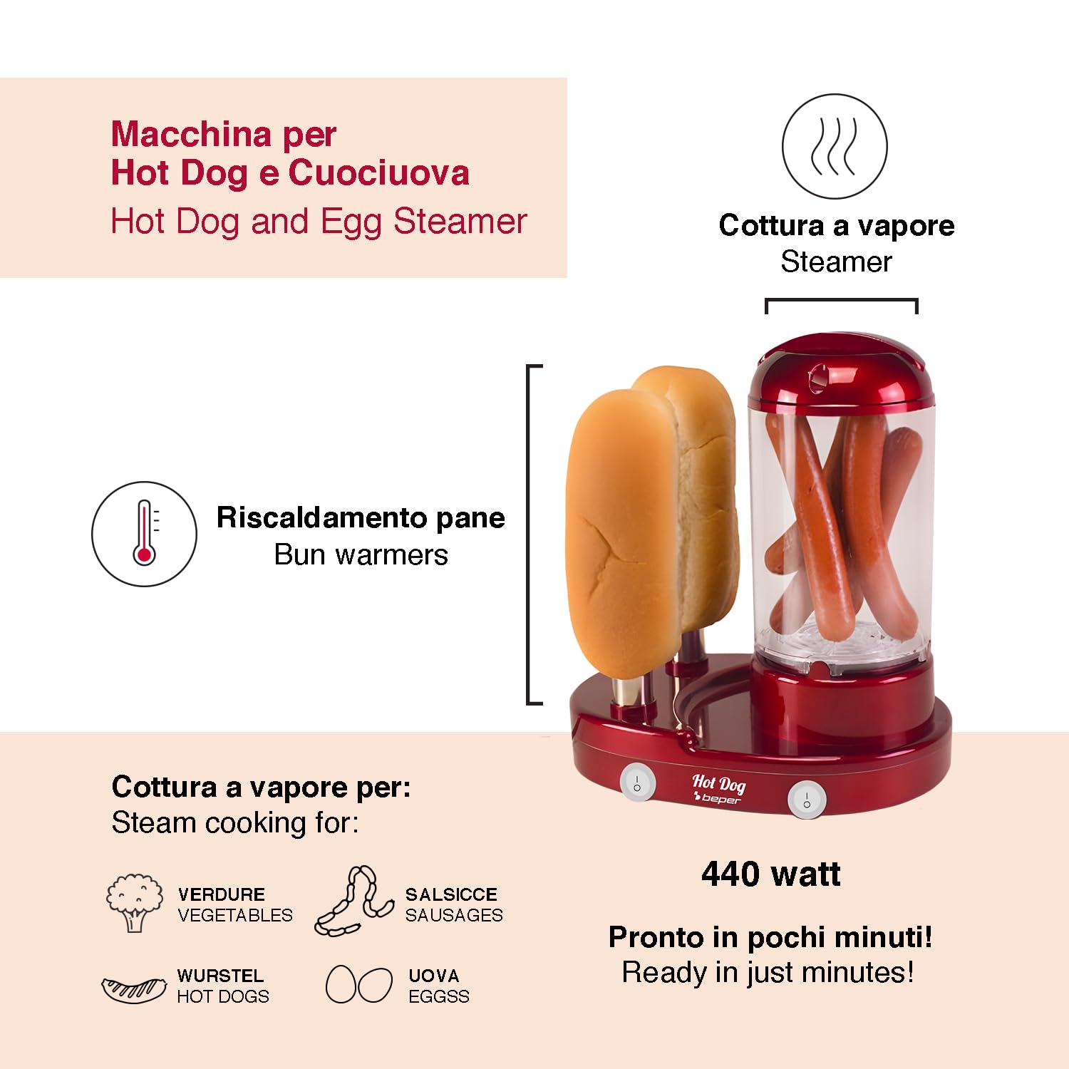 BEPER P101CUD502 Appareil à hot-dogs et cuiseur à œufs 3 en 1, cuiseur vapeur pour saucisses et œufs, chauffe-pains avec 2 résistances en acier inoxydable, 440 W, double interrupteur