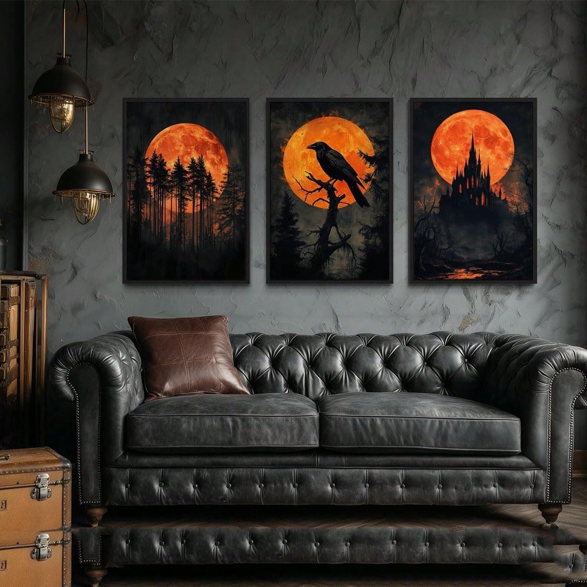 Cuadro decorativo de Halloween de 3 piezas: Cuervo en un árbol, decoración gótica de castillo embrujado (70x90cm x 3/con marco)