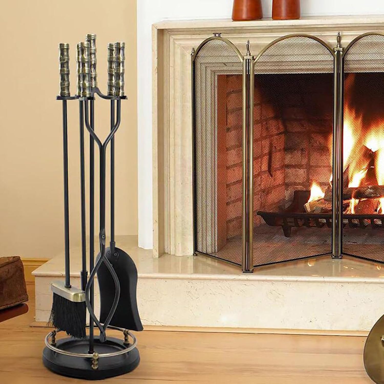 Iron Fireplace Tool Set with Holder, Fireplace Utensils Set/Fire Pit Tool Set with Poker Shovel Tongs Brush Stand, for Outdoor Indoor Chimney Hearth Stove Firepit