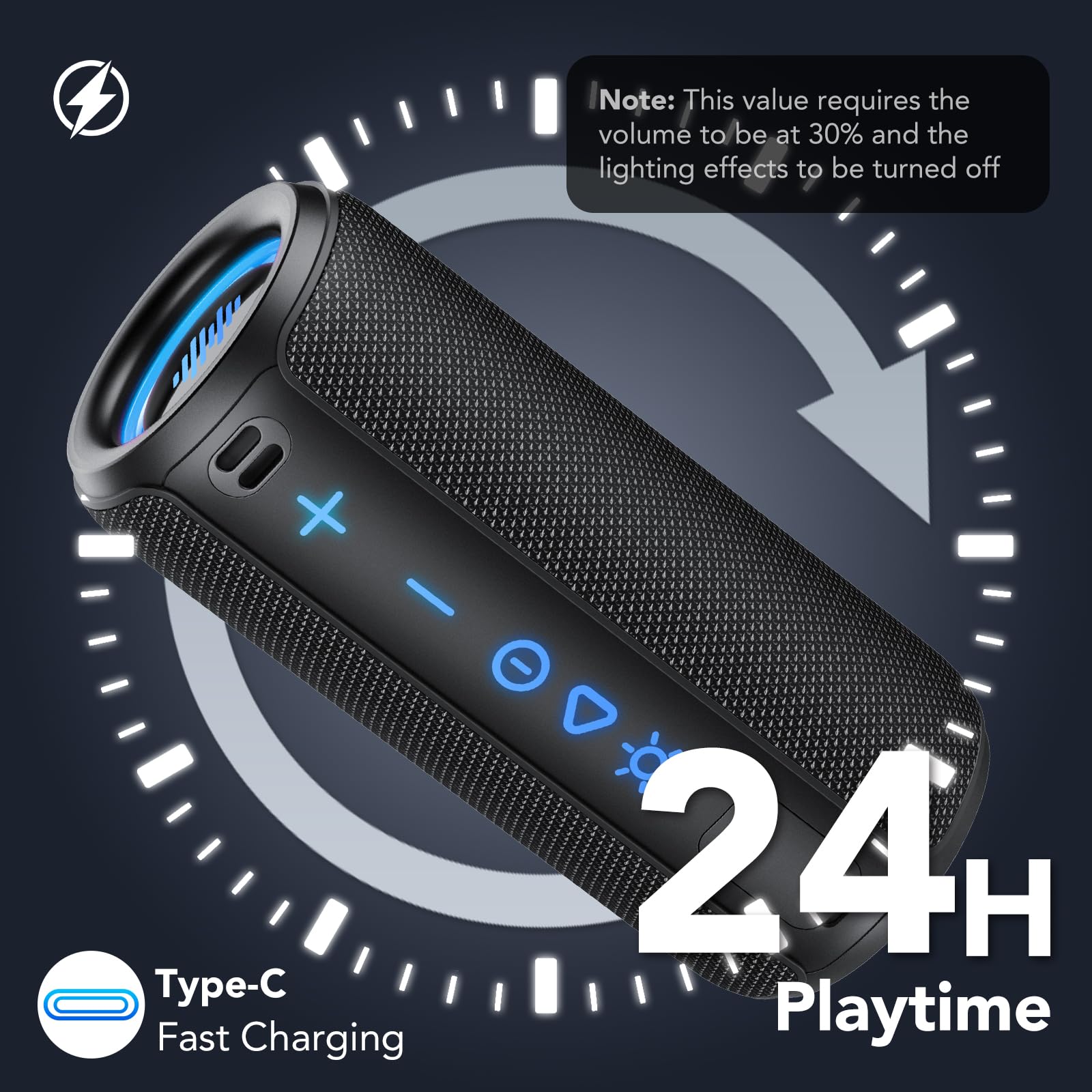 TIMU Altavoz Bluetooth 5.4 Portátil, 25 W con Graves Profundos | 8 Modos RGB, 24H de Reproducción, 2 EQ Modes, TWS, IPX7, Compatible con Micro SD y AUX, Tamaño Compacto Tipo Móvil