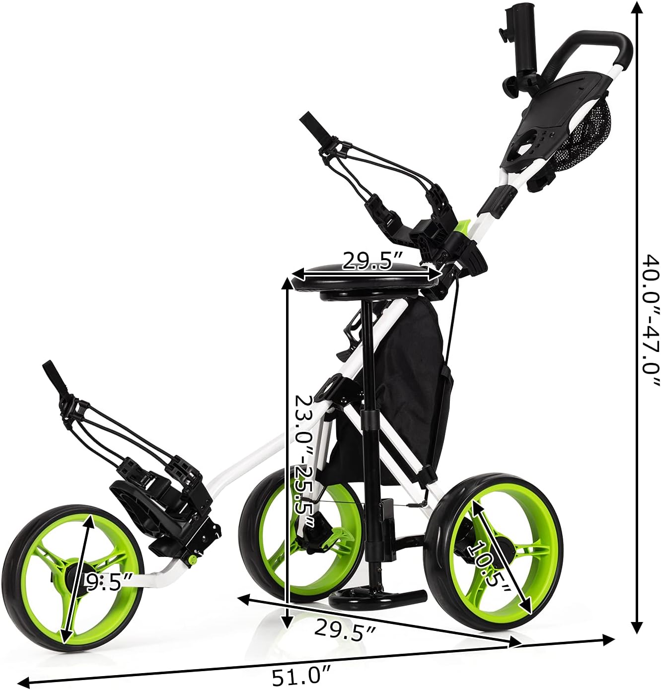 GYMAX Foldable 3-Wheel Height Adjustable Lightweight Golf Caddy Cart with Umbrella Holder, Hydraulic Seat, Storage Bag & Cup Holder