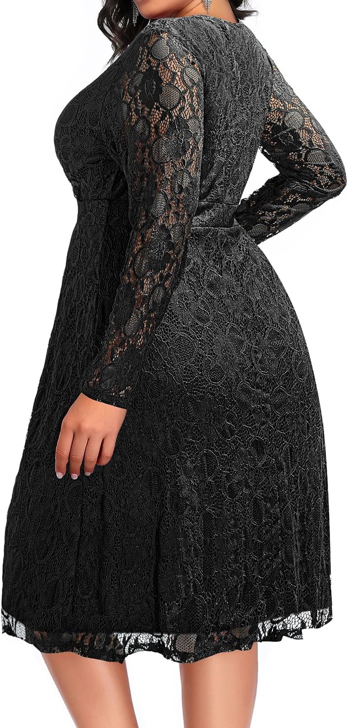 Women Plus Size Wedding Guest Dresses Cocktail Black Wrap Lace Fall Formal Long Sleeve Knee Length Evening Party Dress - Image 4