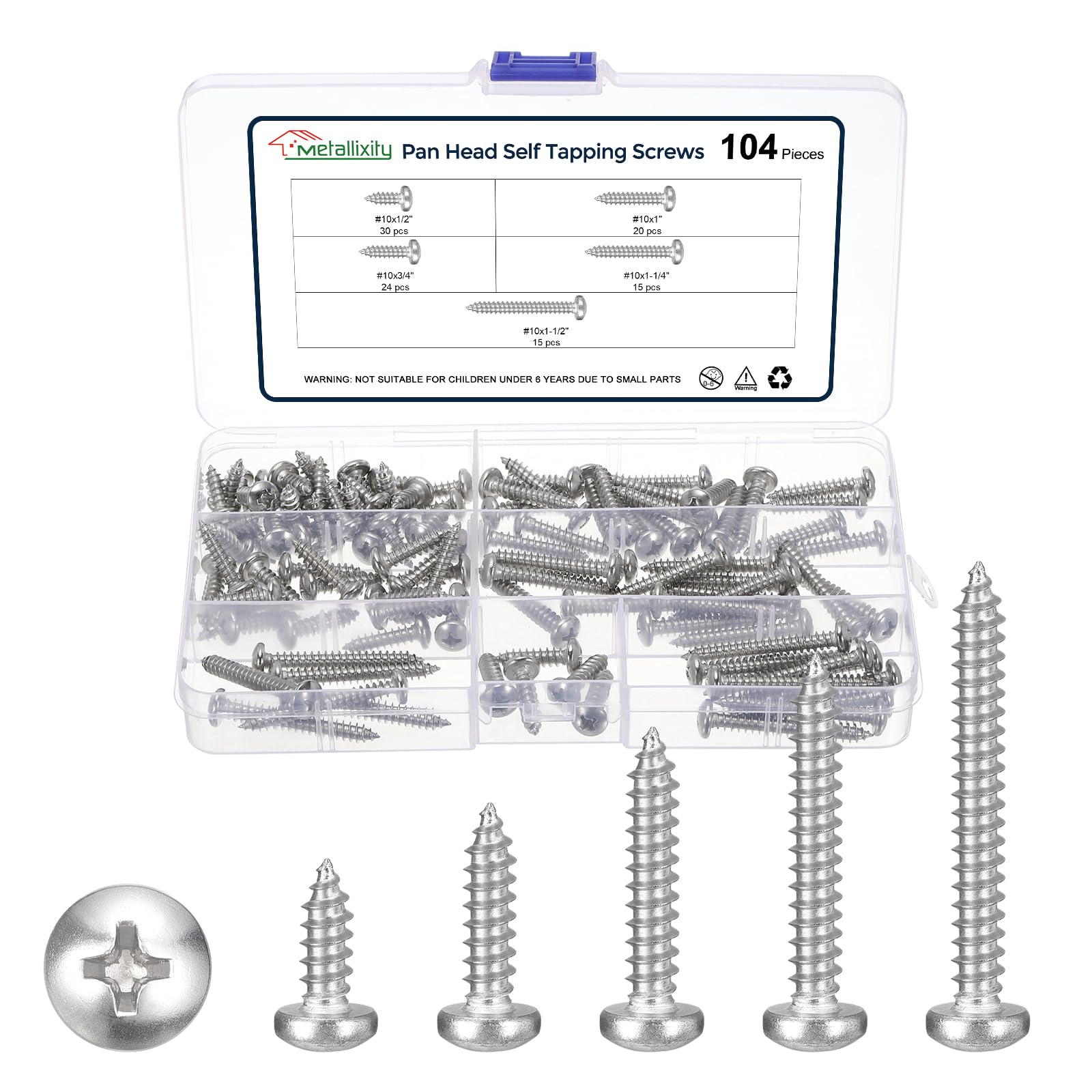 METALLIXITY Phillips Pan Head Self Tapping Screws(#10) 104Pcs, 304 Stainless Steel Self Drilling Screw Assortment Kit for Metal Wood Plastic, for Cabinet Wall Shutter Plate Furniture, Silver