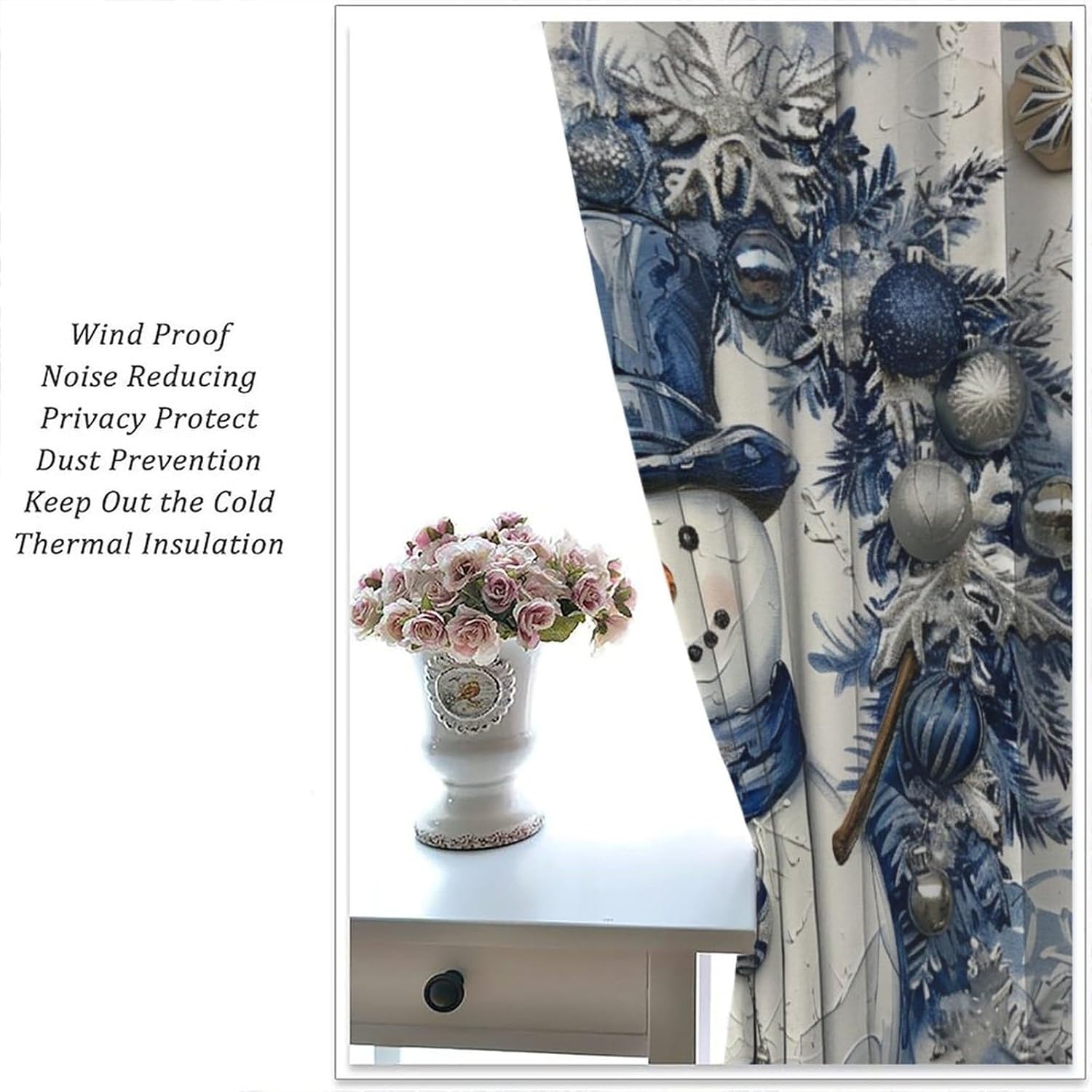 Christmas Snowman Wreath Blackout Curtains, Blue White Snowflakes Curtains Rod Pocket Thermal Insulated Window Drapes for Bedroom/Living Room, 21W x 45L, 2 Panels