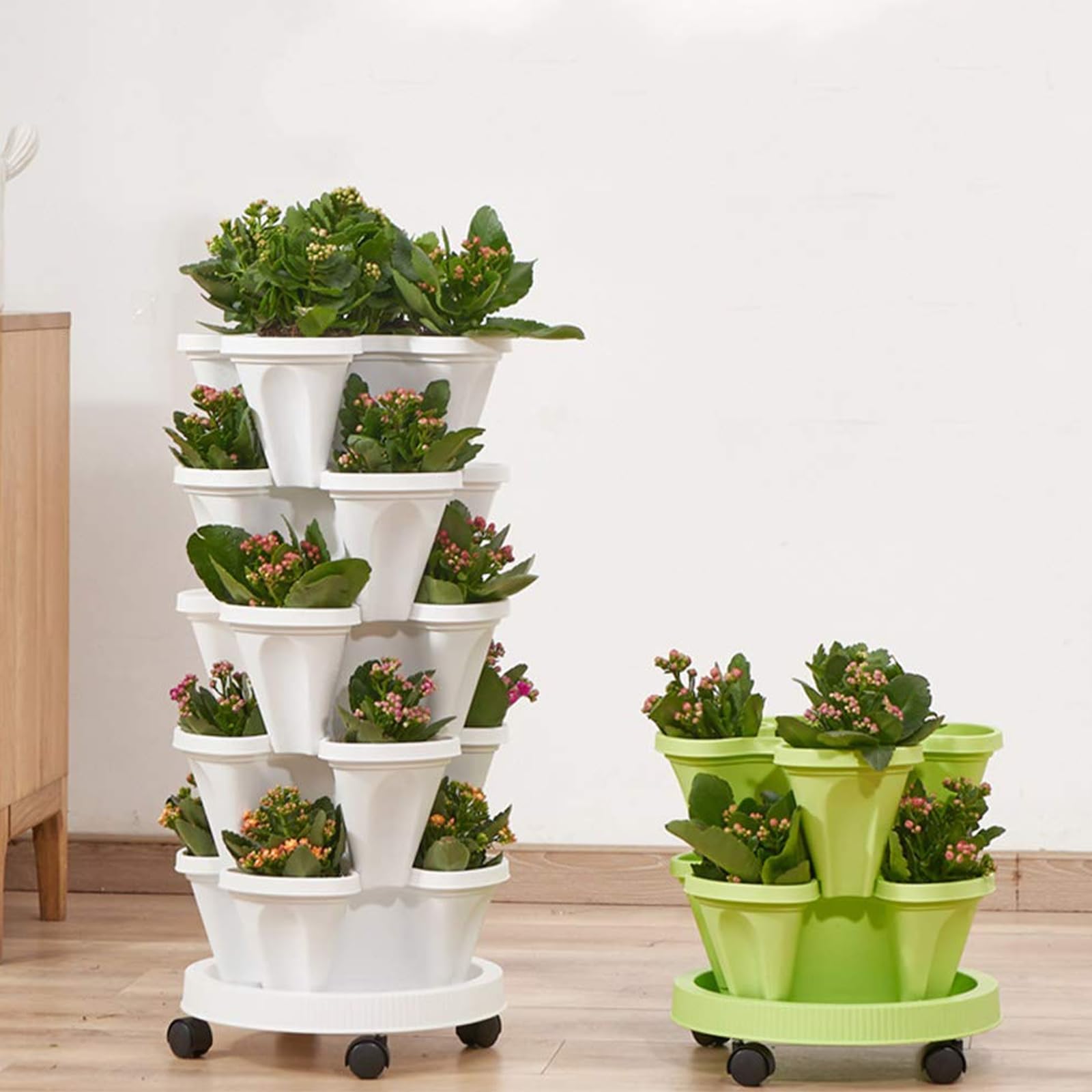 Tour à Fraises Empilable 5 Niveaux, Bac à Fraise en Hauteur et Anti-Débordement, Roulettes 360°, Jardinière Verticale Gain de Place 32,5×14,5cm pour Fleurs et Légumes Balcon Terrasse (Blanc)