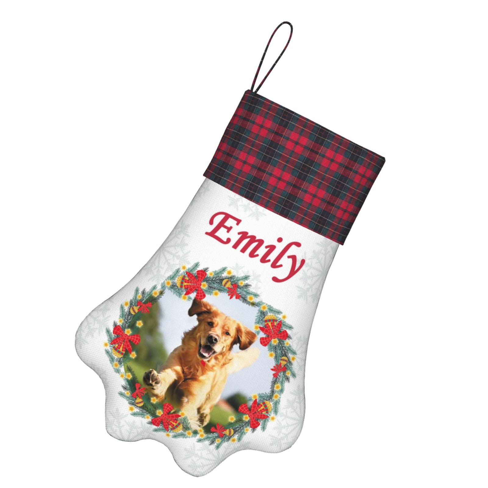 Mesheley Personalized Dog Christmas Stocking with Name Photo Custom Christmas Stockings for Dogs Cats Pets Customized Dog Paw Stocking Christmas Decorations