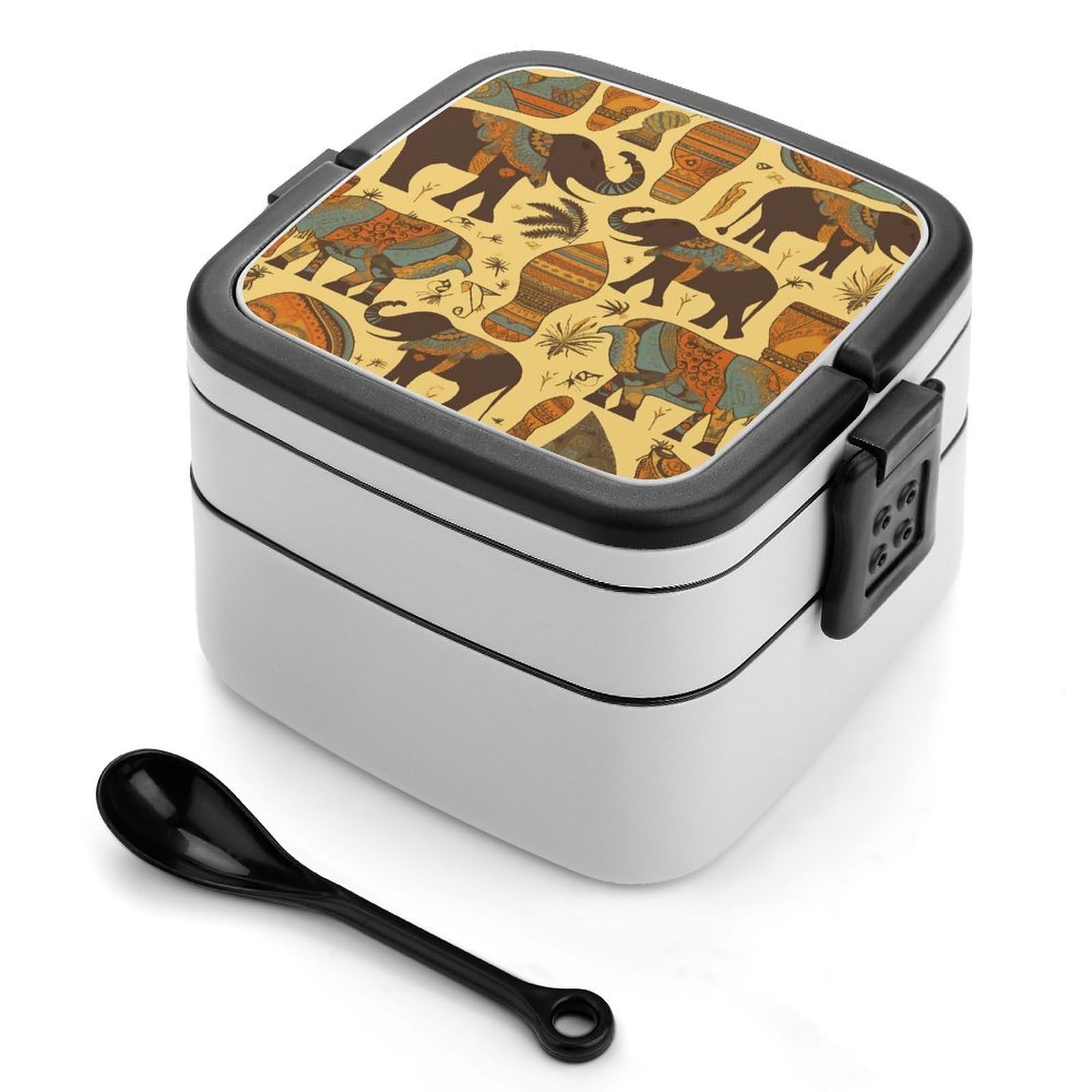 FekiLoot Africa Elephant Bento Box Adult Lunch Box Sealed Bento Lunch Boxes with Spoon Sturdy Double Layer Bento Boxes Snap-on Design Leak Proof Lunch Containers Ideal for Work