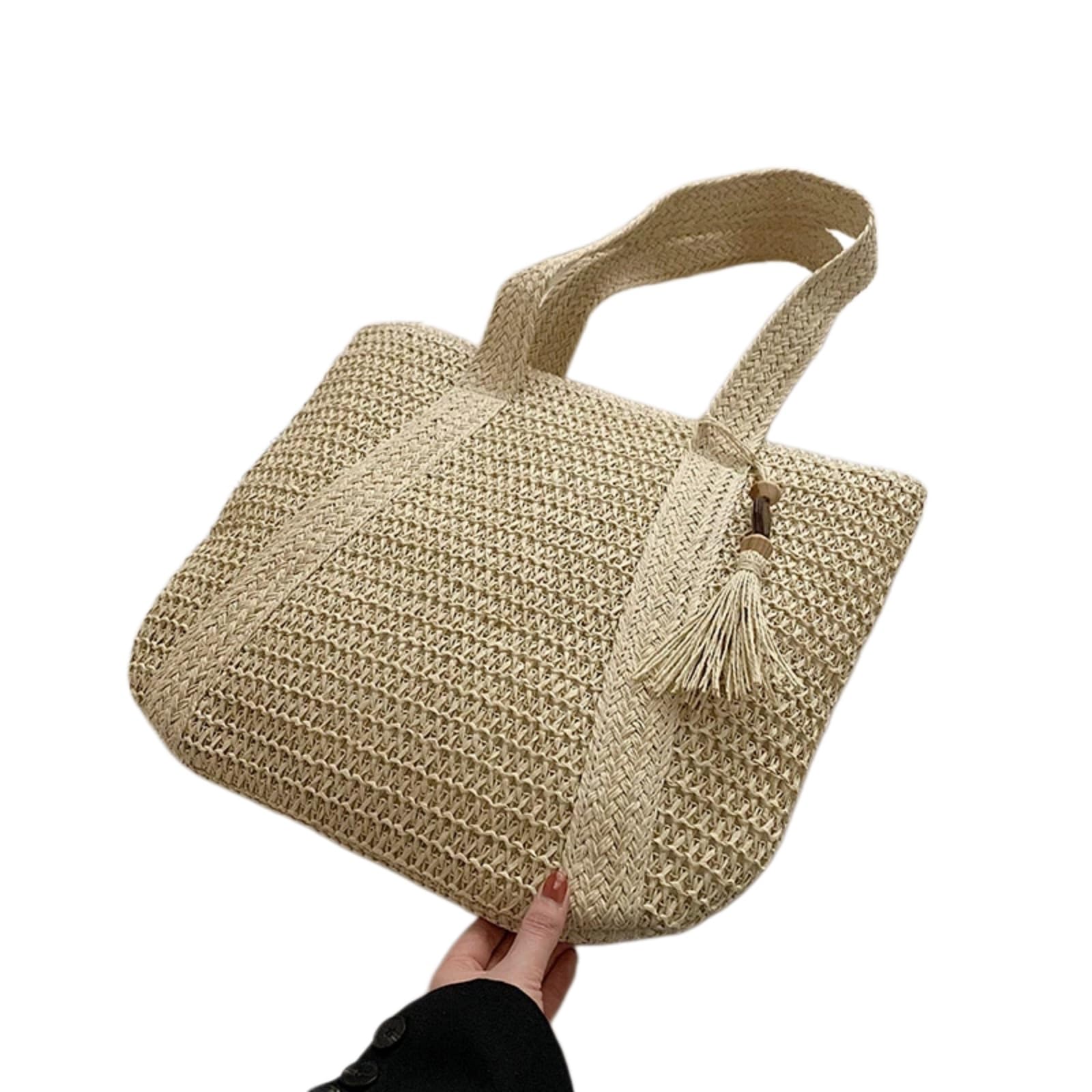 Beauty Case Borsa Tote Tessuta in Paglia da Donna, A Spalla Spiaggia di Grande capacità con Stile Tassel per Viaggi Estivi E Shopping-Green