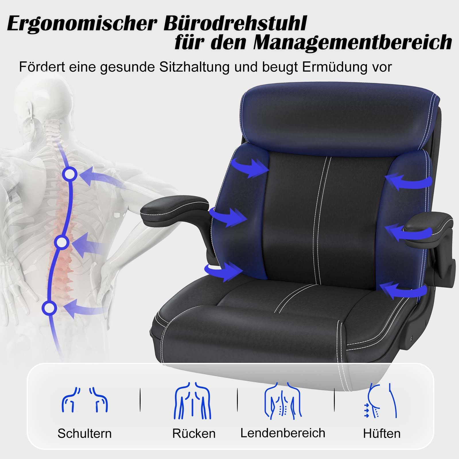 AnyGod Ergonomischer Bürostuhl, Chefsessel aus Kunstleder mit Hochklappbaren Armlehnen, Drehstuhl Schreibtischstuhl Höhenverstellbar, Belastbar bis 136 kg, für Homeoffice und Büro