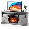 T4TREAM Fireplace TV Stand for 75 Inch TV, Farmhouse Barn Door Media Console, Entertainment Center with 23" Electric Fireplace Remote Control,for Living Room, 66 Inch, Light Rustic Oak