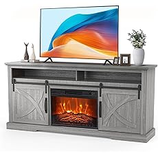 T4TREAM Fireplace TV Stand for 75 Inch TV, Farmhouse Barn Door Media Console, Entertainment Center with 23" Electric Fireplace Remote Control,for Living Room, 66 Inch, Light Rustic Oak