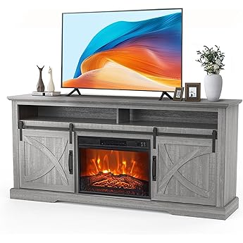 T4TREAM Fireplace TV Stand for 75 Inch TV, Farmhouse Barn Door Media Console, Entertainment Center with 23" Electric Fireplace Remote Control,for Living Room, 66 Inch, Light Rustic Oak