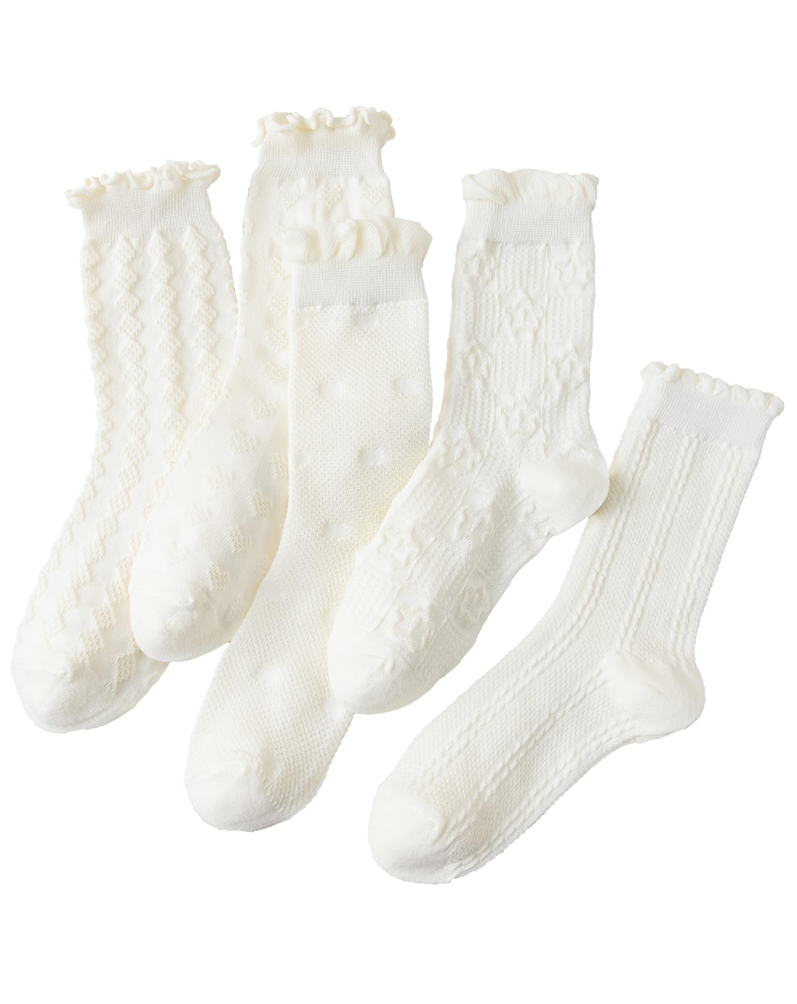 Yawlsow 5 Paar Damen Socken mit Rüschen Süße Bequeme Weiche Spitze Cremeweiße Knöchelsocken Cute Ruffle Atmungsaktive Kawaii Socken für Mädchen Frauen