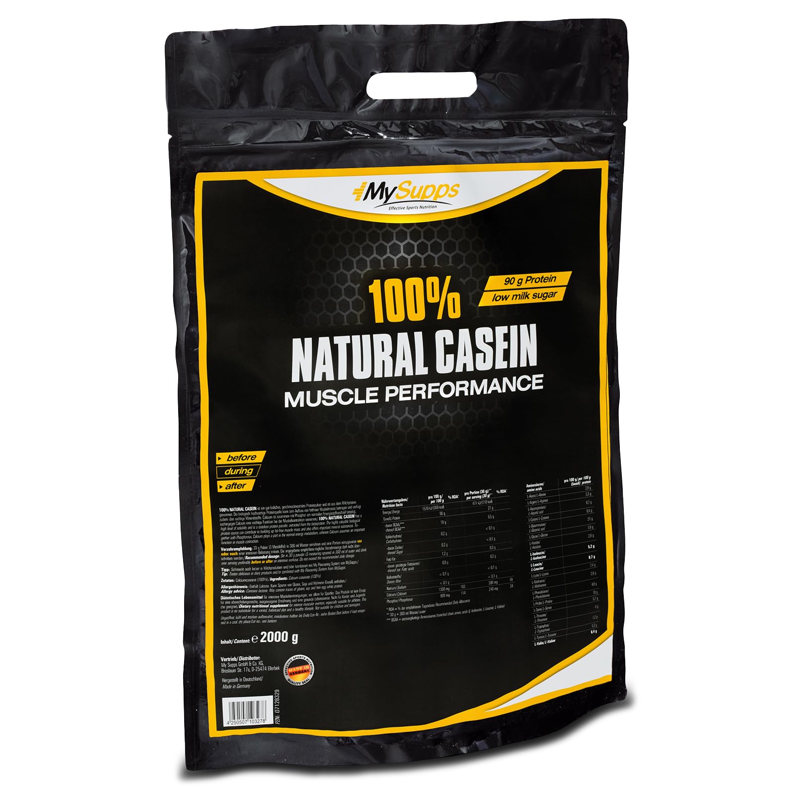 My Supps 100% Natural Casein 2000 g - Eiweiß-Pulver - Casein-Proteinpulver neutral - zuckerfrei - ohne Zusatzstoffe - Calciumcaseinat 89,5% Protein - langsam verdaulich Nachtprotein - Made in Germany