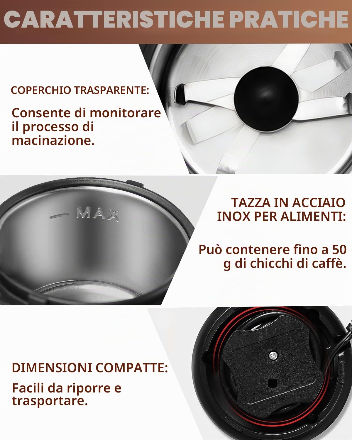 Macinacaffè Elettrico in Acciaio Inossidabile, 150W 22000 RPM Ad Alta Velocità, Capienza 50g, Macinino Compatto per Caffè, Noci, Spezie, Zucchero (9.7x9.7x17.8cm)