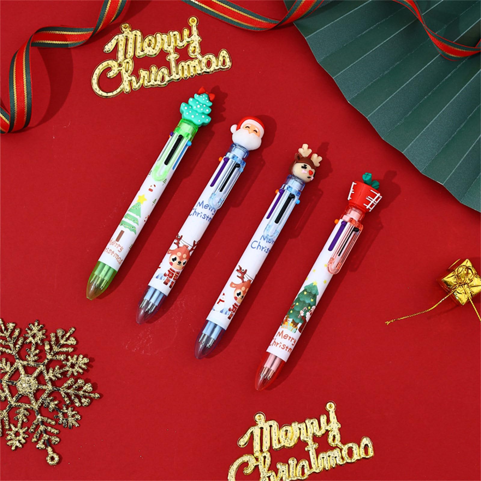 10Pcs Christmas Multicolored Ballpoint Pens 6-in-1 Retractable Ballpoint Pen Snowman Reindeer Christmas Tree Quick Dry Smooth Writing Pen — view 6