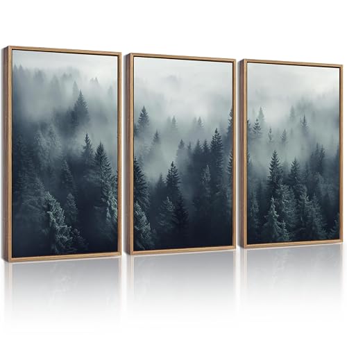 KUVIOKE Blue Fog Pine Tree Framed Wall Art Nature Nordic