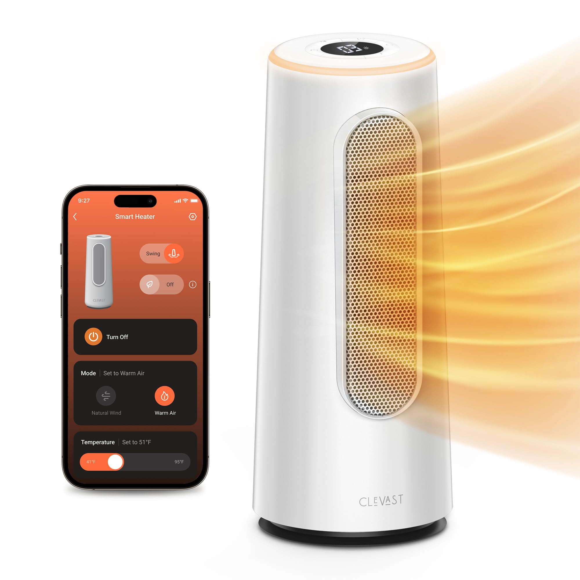 CLEVAST Smart Space Heater for Indoor Use, 1500W Fast Heating PTC Ceramic Portable Heaters with Thermostat, Quiet Electric Space Heater with RGB Night Light for Bedroom, Office, App & Voice Control