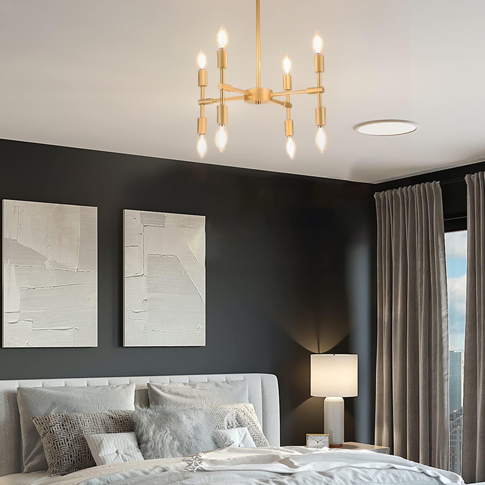 Albalux Gold Chandeliers 8 Light Modern Farmhouse Light Fixture Industrial Candle Pendant Light for Bedroom Kitchen Island Living Room Foyer