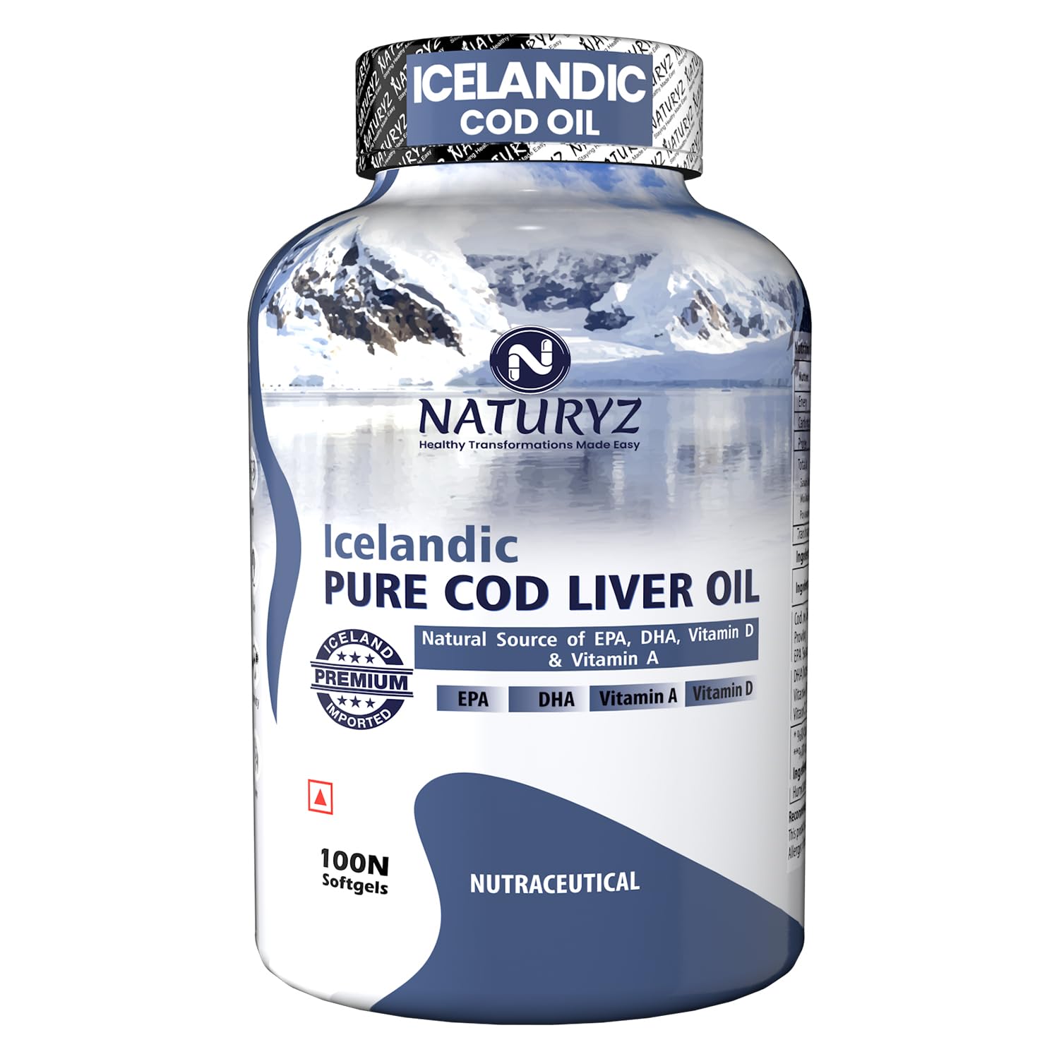 Naturyz Imported Icelandic COD Liver Oil Capsules with Natural Omega 3 (EPA & DHA), Rich in Vitamin D & A, Ultra-Pure, Mercury Free, Immunity, Skin, Eye, Muscle & Joint Health Softgels, 100 Count