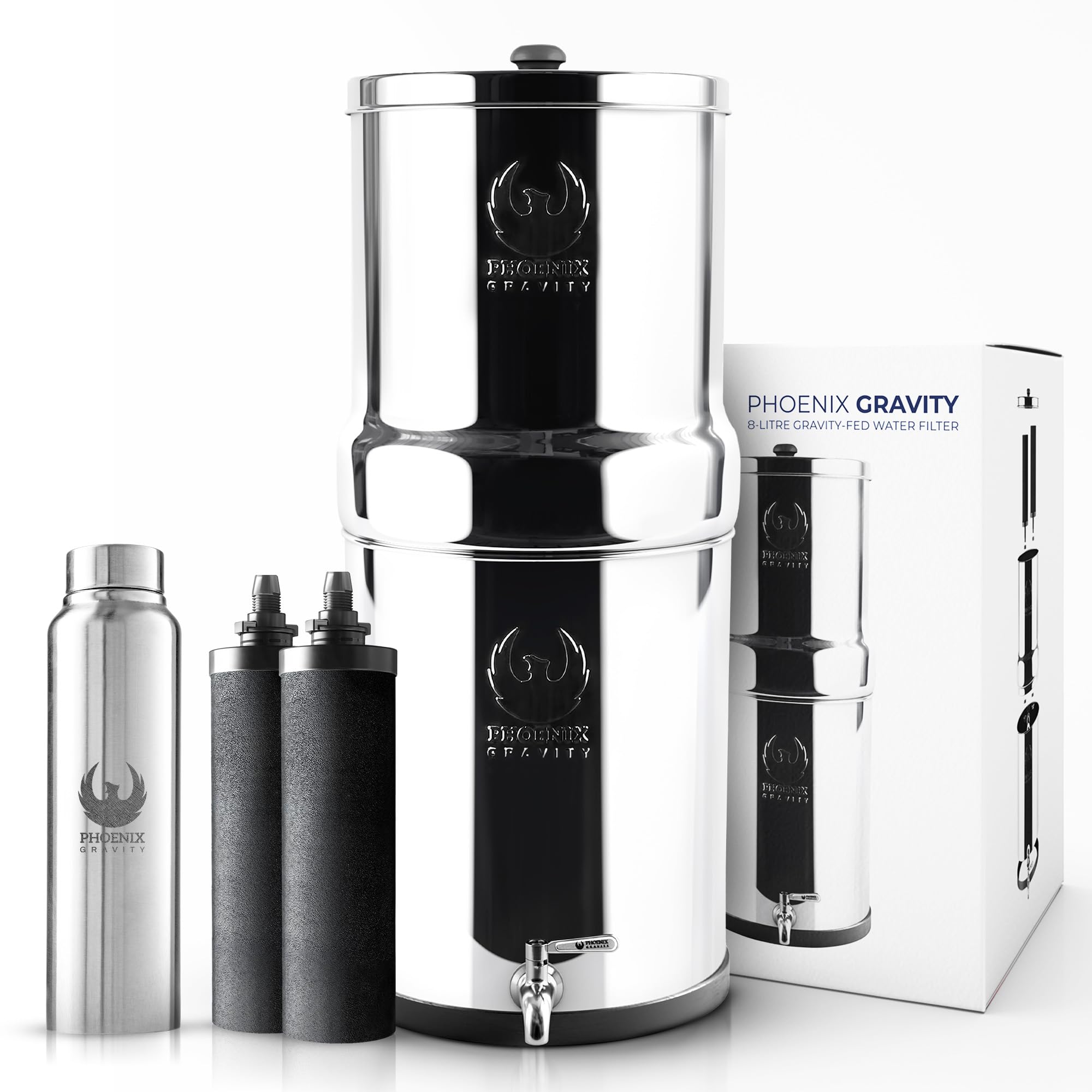 2.25 G | Gravity Water Filter | NSF Certified | AISI 304 Stainless Steel Countertop Water Filter | 2 Carbon Filters | Steel Spigot | Manual Install |