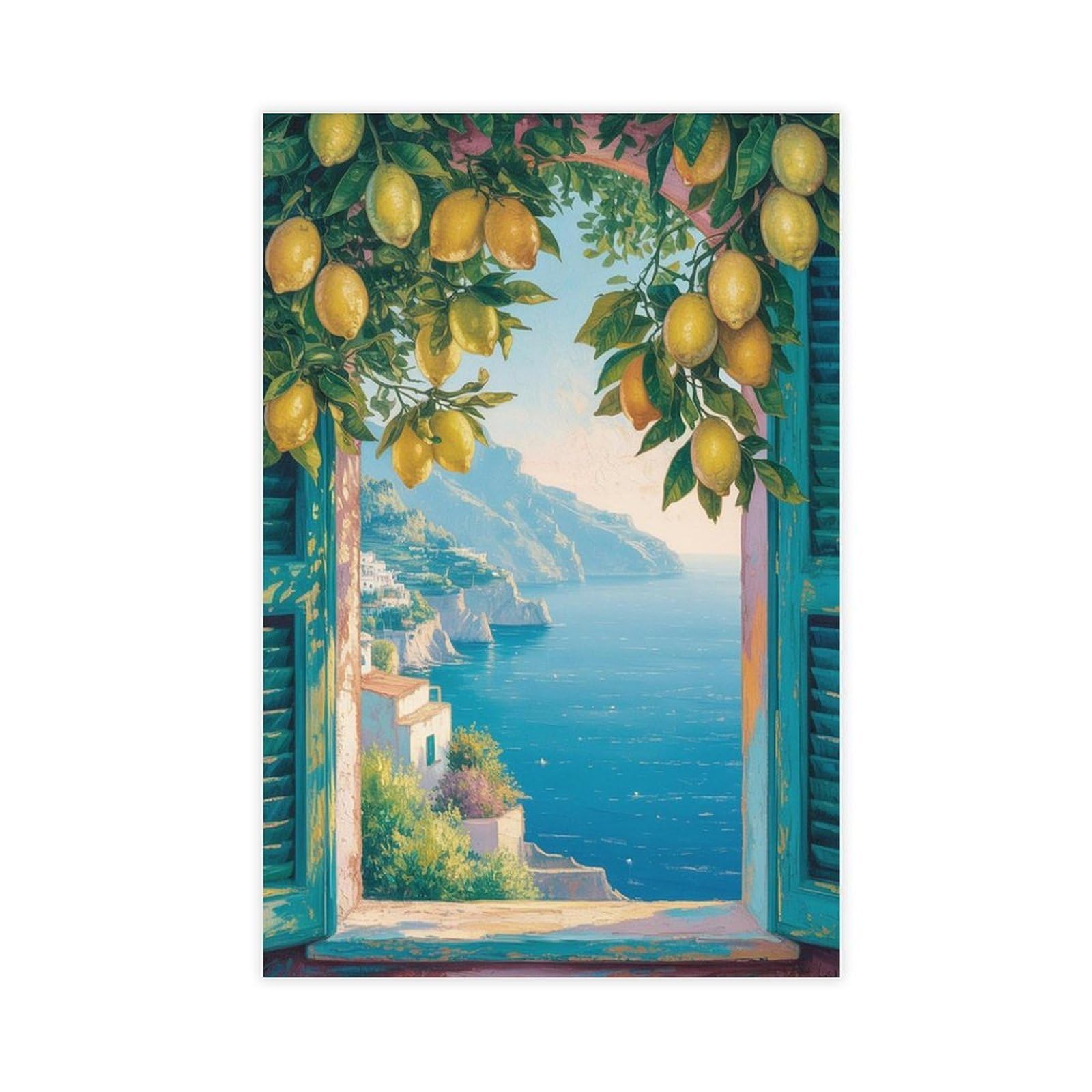 Lxwnze Unframed Print-Style Coastal Lemon Tree, Italian Seaside Canvas Poster For Bedroom Decor Gift
