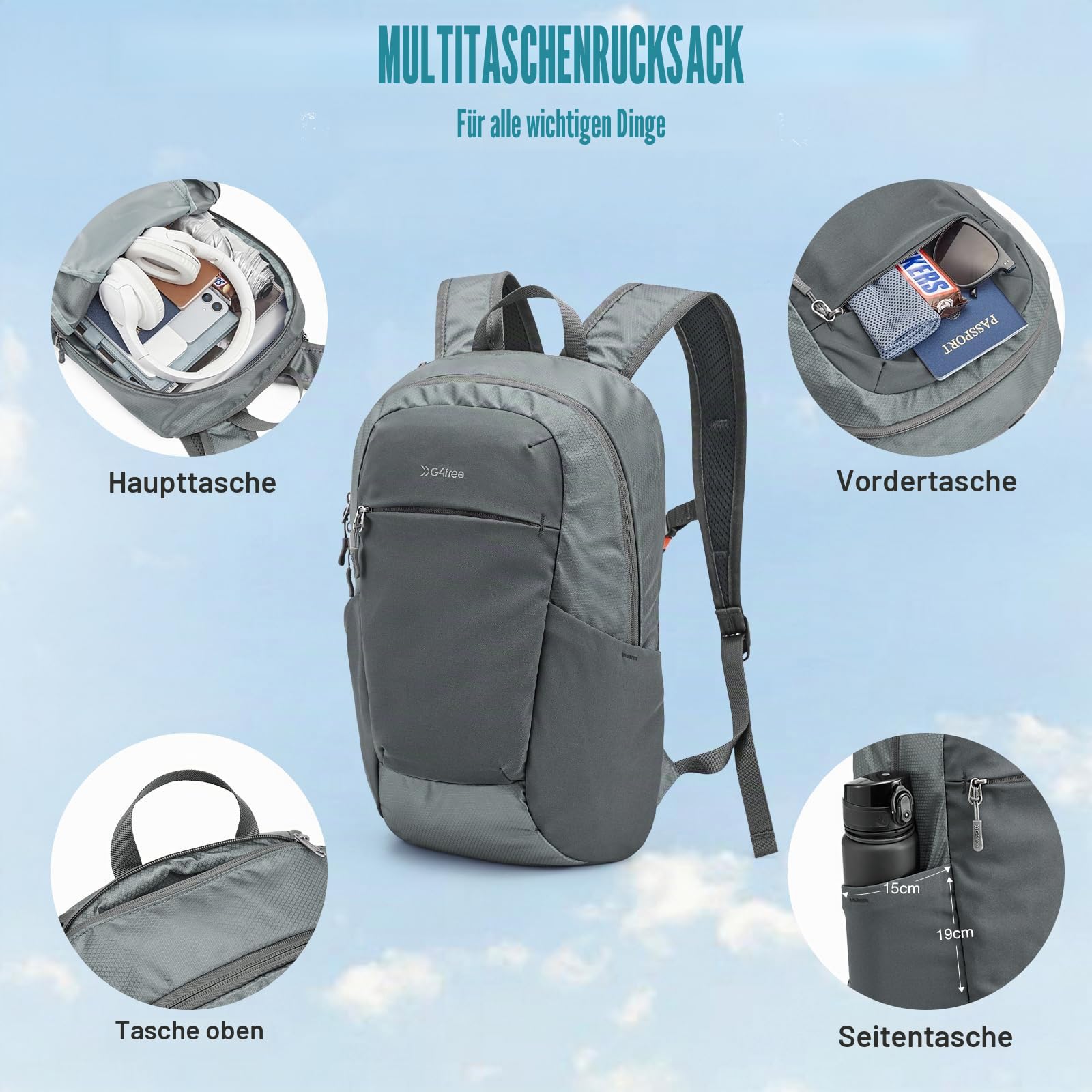 G4Free 18L Faltbarer Rucksack, Wanderrucksack Klein Leichter, Daypack Tagesrucksack Trekkingrucksack Damen Herren für Wandern Travel Camping Fahrrad Outdoor, Grau