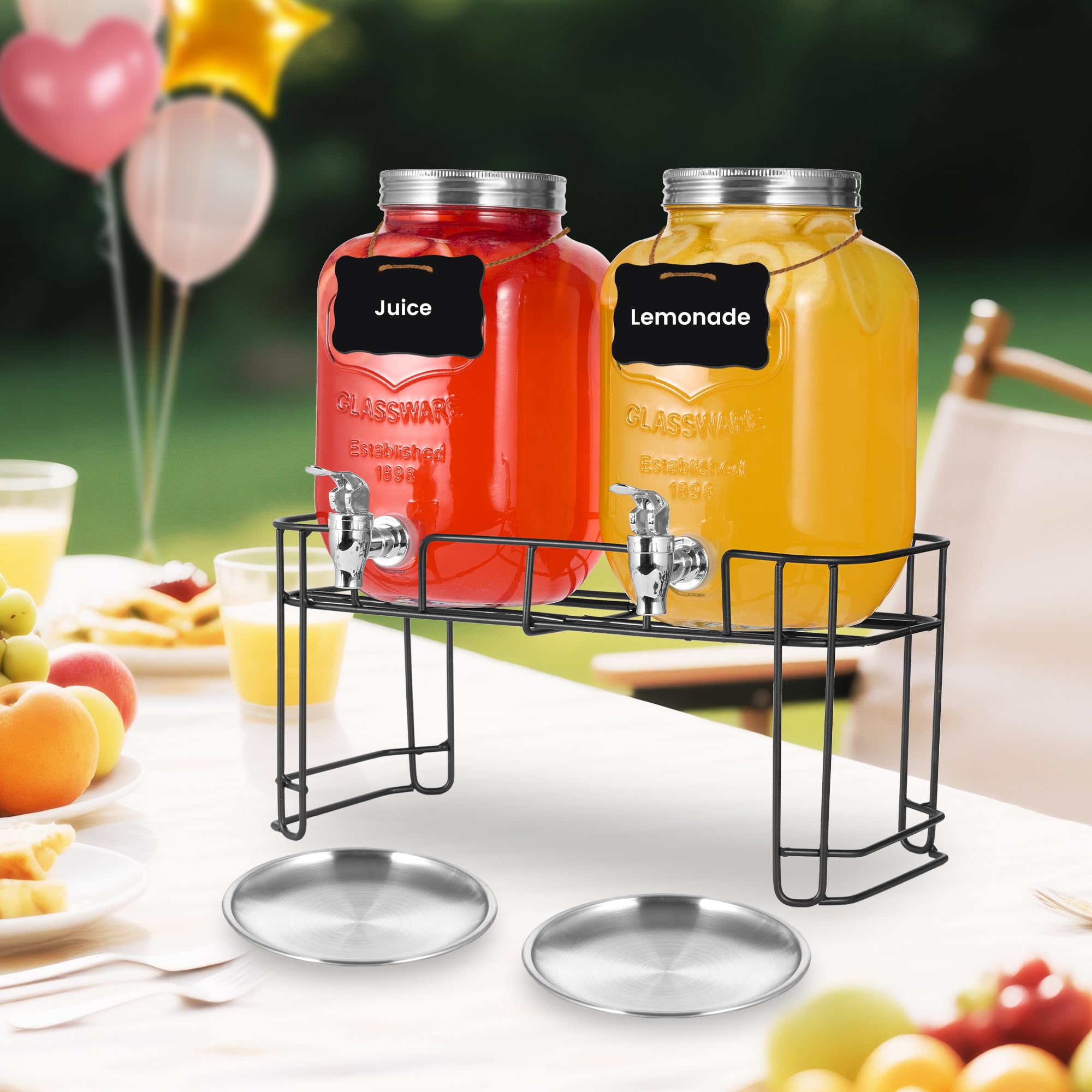 Paquete de 2 dispensadores de bebidas de vidrio de 1 galón para fiestas, dispensador de bebidas, dispensador de bebidas de vidrio con soporte y espiga (espiga de plástico)