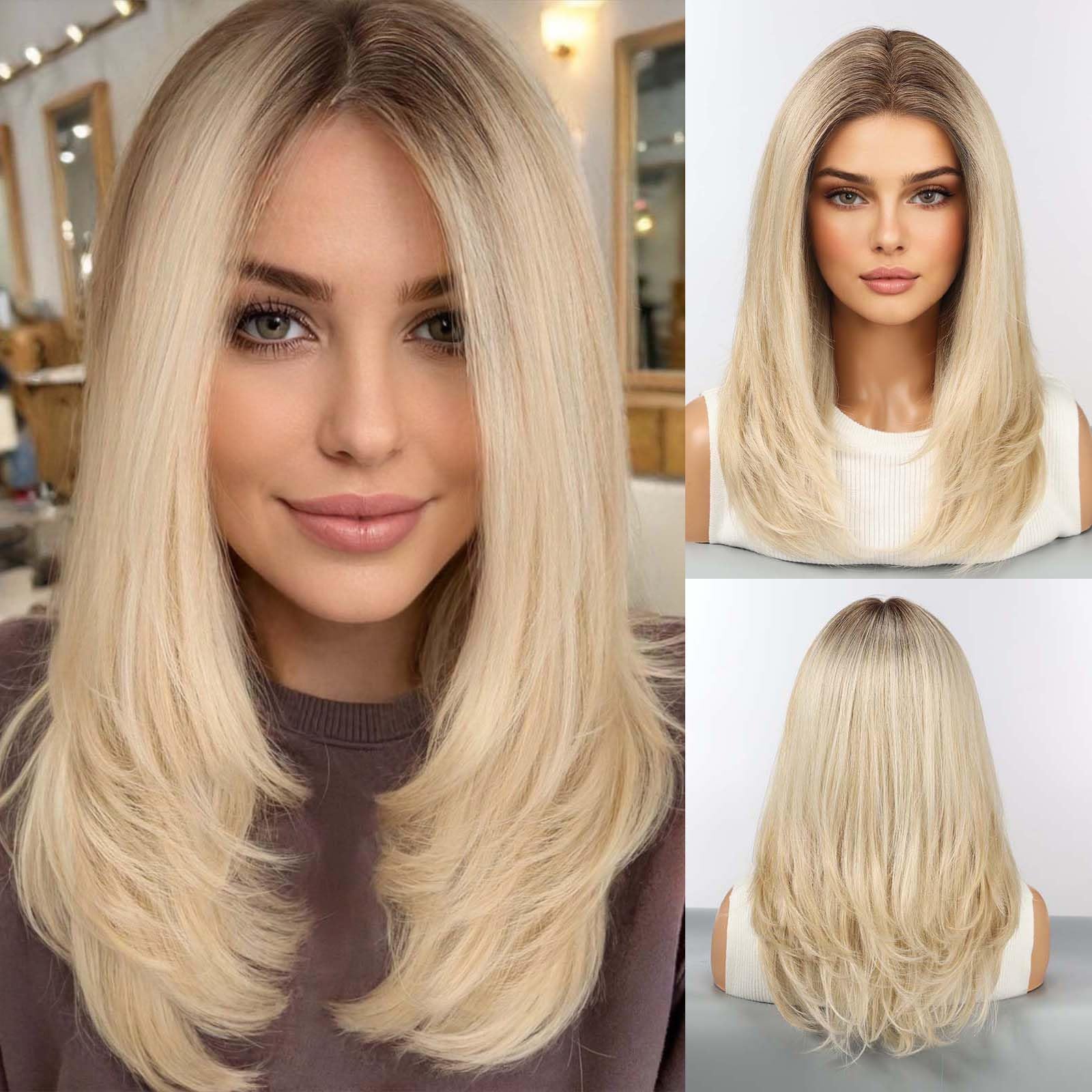 HAIRCUBE 18 Inch Human Hair Blend Lace Front Wig Glueless HD Swiss Lace Ombre Light Blonde Middle Part Layered Shoulder Length Wigs for Women Daily Natural