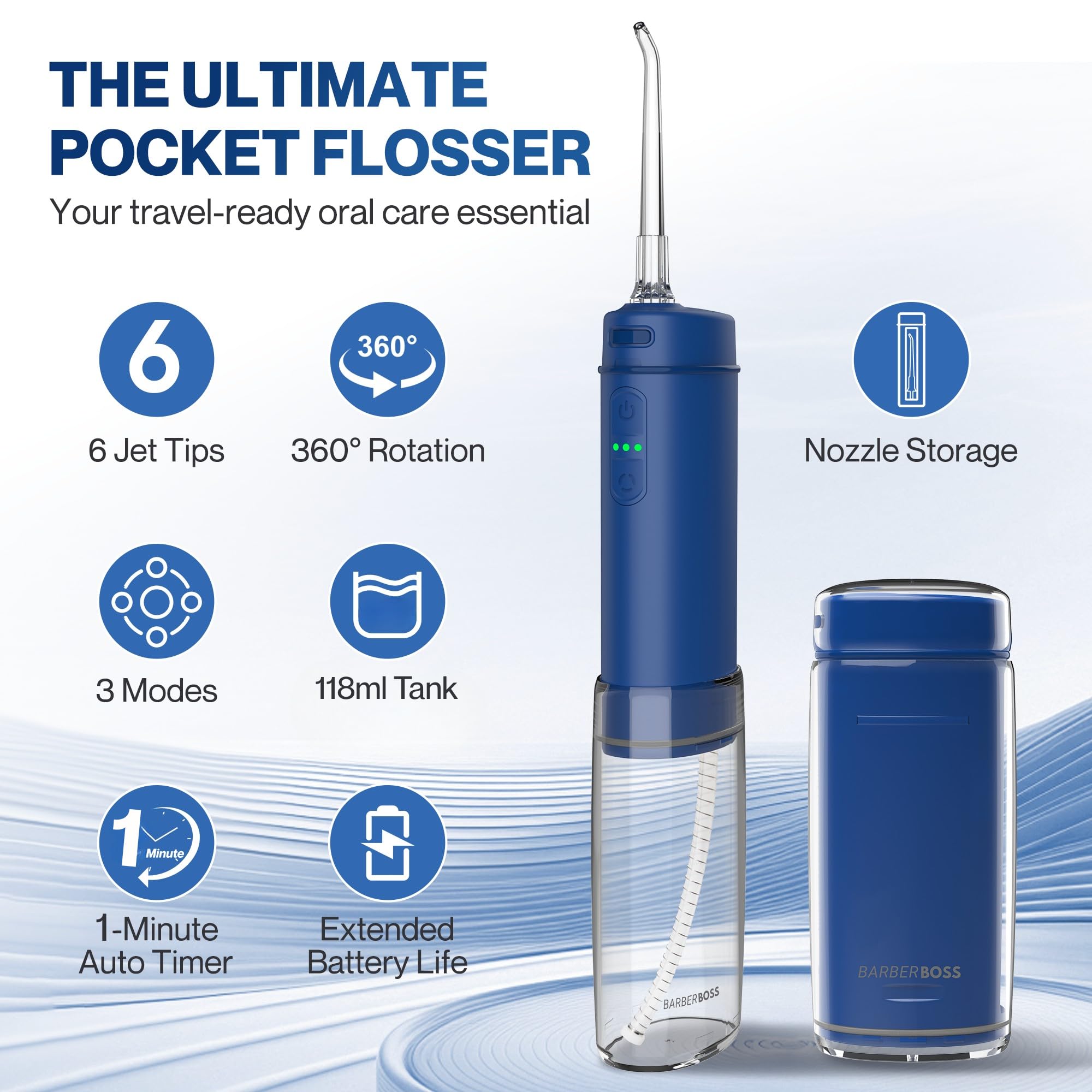 BarberBoss Flosser tascabile, irrigatore orale portatile per denti, 6 punte intercambiabili e design ricaricabile USB-C, idropulsore da viaggio con 3 modalità di pressione, QR-7116 (blu navy)