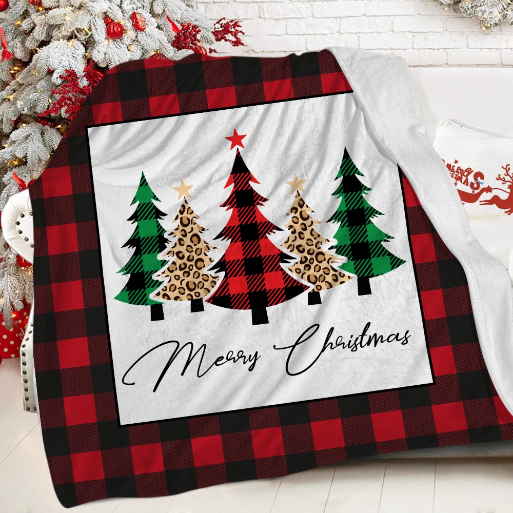 Merry Christmas Throw Blanket Christmas Trees Buffalo Check Plaid Leopard Farmhouse Soft Flannel Blanket Warm Cozy Lightweight Bed Blanket for Chair