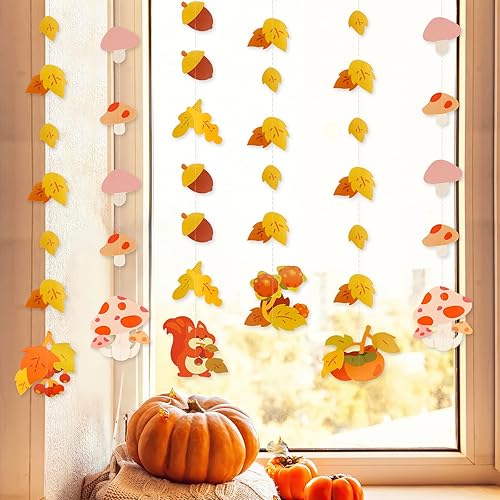 Dayker Decoración de fiesta de otoño, guirnalda colgante de hoja de arce de hongos reutilizable, pancarta de ardilla de otoño de 22.64 pies para