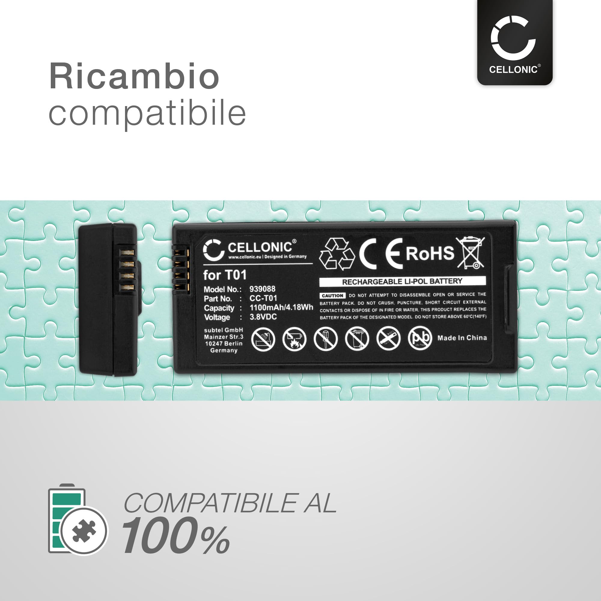 CELLONIC 1x Batteria per Drone Compatibile con DJI Tello, T01 – (1100mAh, 3.8V)
