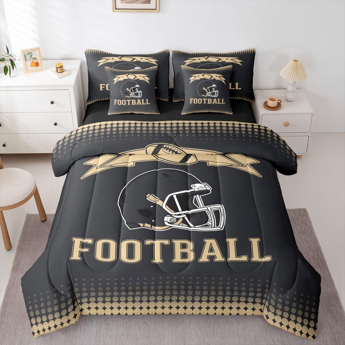 Erosebridal Rugby 3D Helmet Full Bedding Sets, Gridiron Seasonal Color Comforter Kids Boys Sports Fans Gifts Bedding Bedroom Decor Competition Ball Games Bed Set 7 Pcs