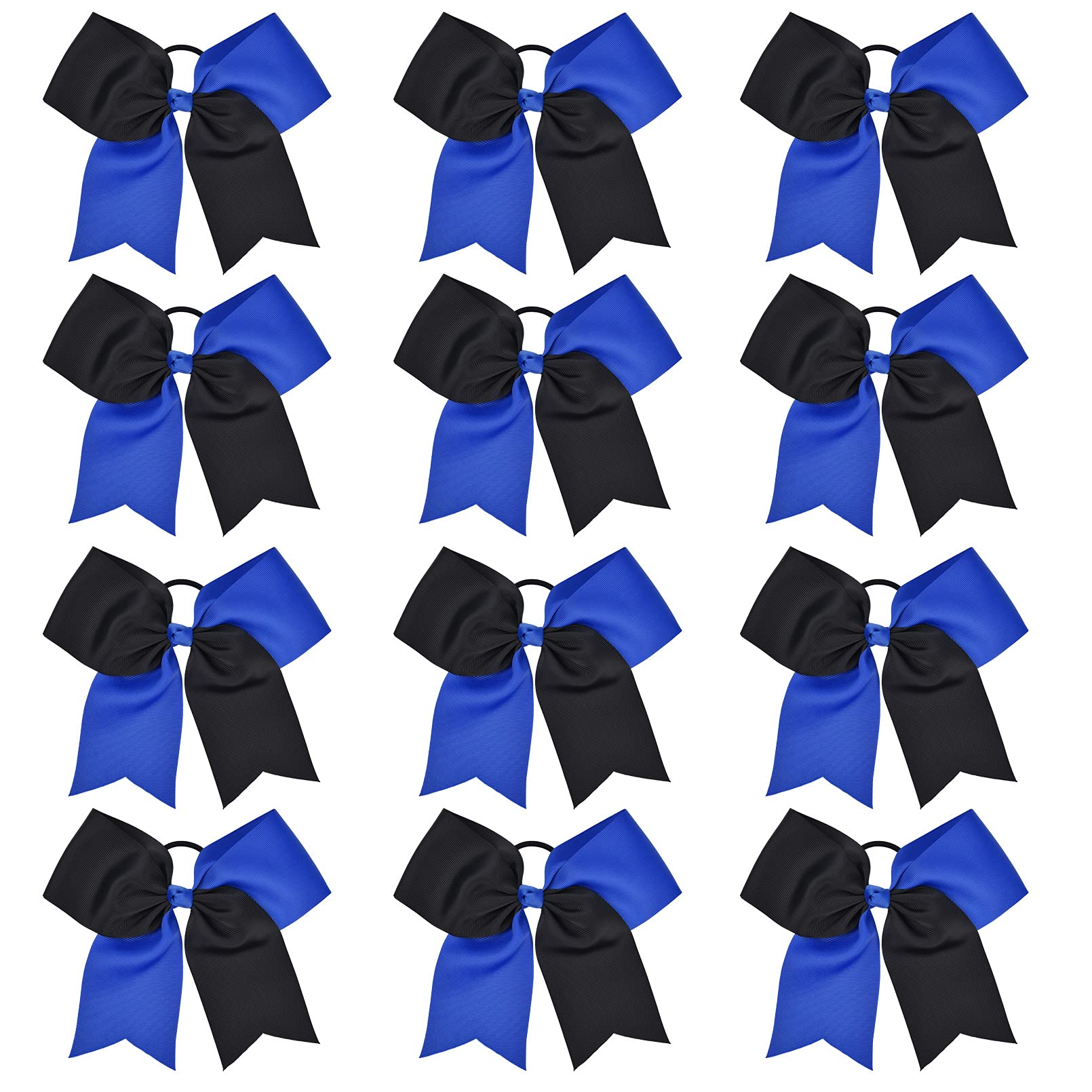 DEEKA 12PCS 8" Two Toned Large Cheer Hair Bows Ponytail Holder Handmade for Teen Girls Softball Cheerleader Sports -Royal Blue/Black