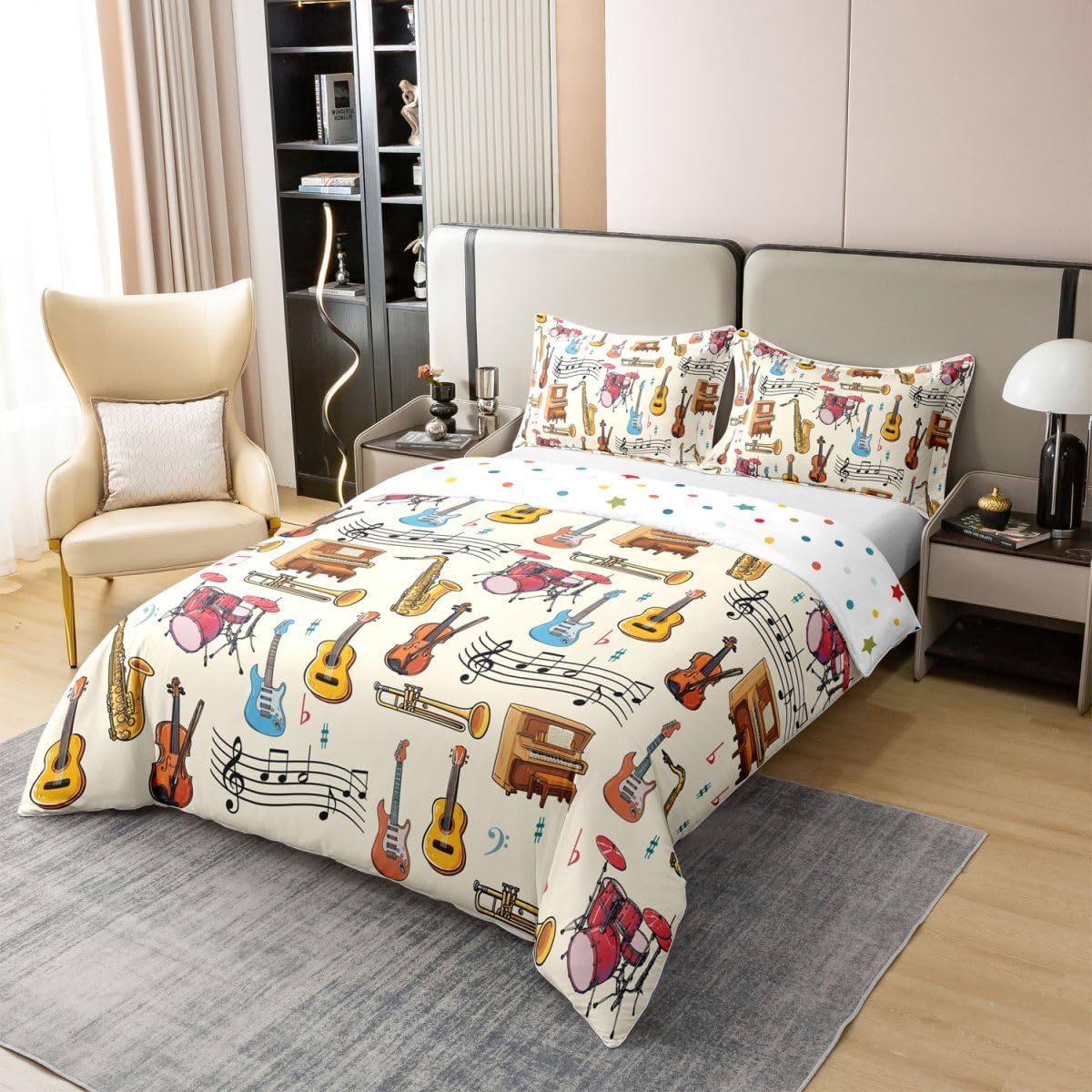 Manfei Music 100% Cotton Duvet Cover Set Full Size,Guitar Violin Saxophone Piano Drums Bedding Set 3pcs,Black Musical Nots Quilt Cover,Kids Boys Girls Room Decor,2 Pillowcases,No Comforter image 3